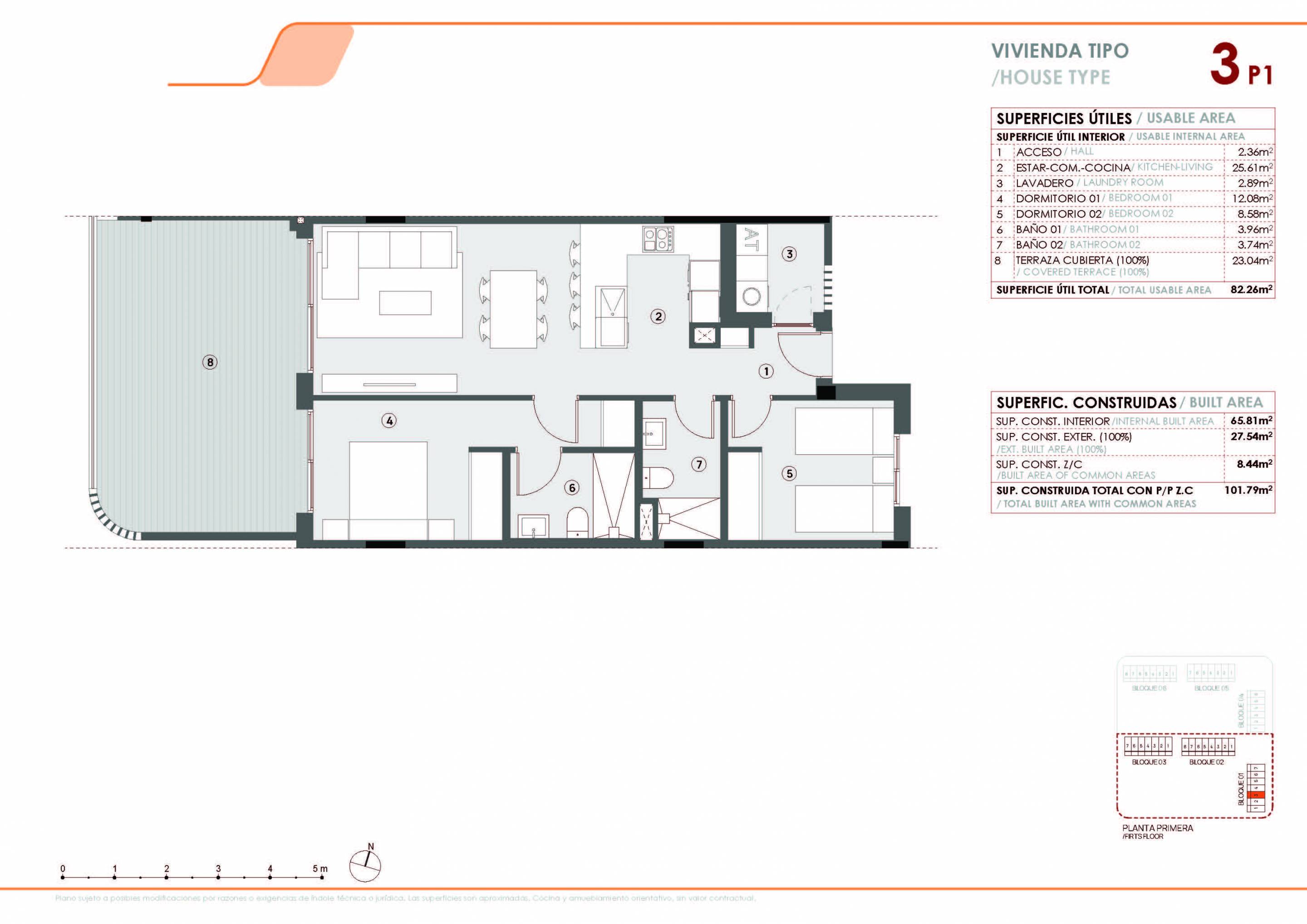Floor plan of 3-bedroom new-build apartment in El Limonar, Torrevieja