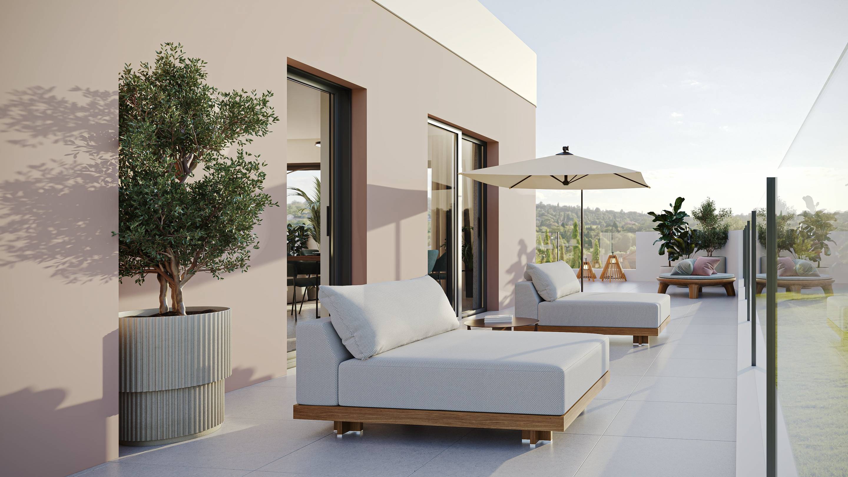 Communal gardens surrounding new-build apartment building, Alto de los Monteros, Marbella