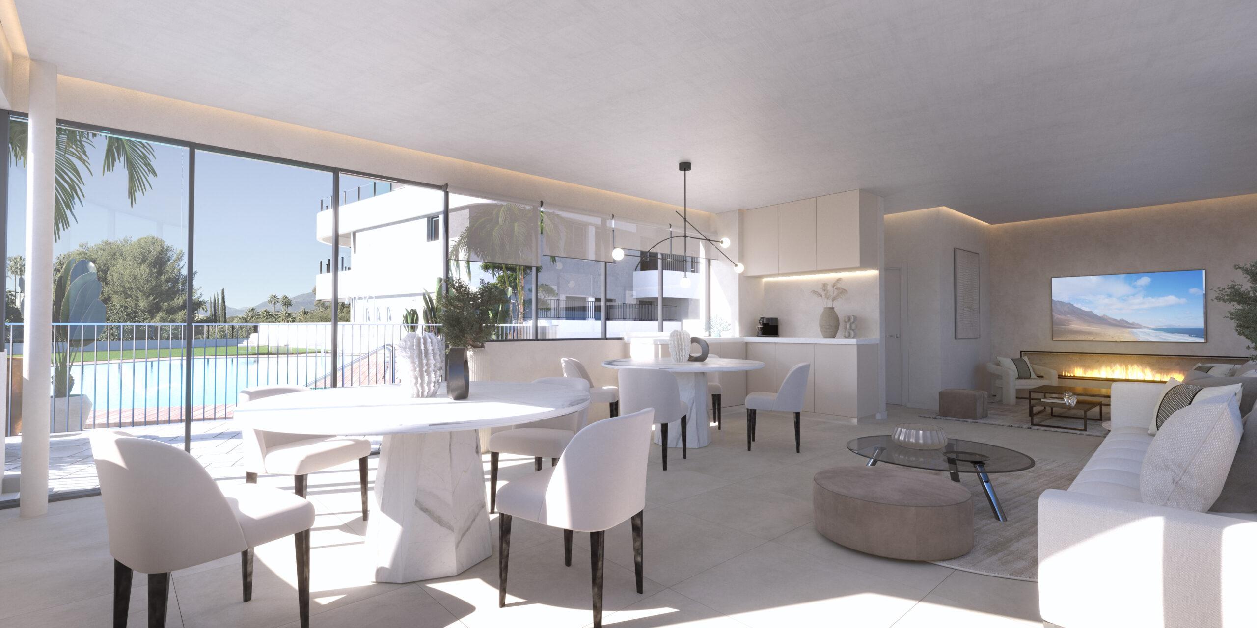 Facade of three-storey new-build apartment building, Alto de los Monteros, Marbella