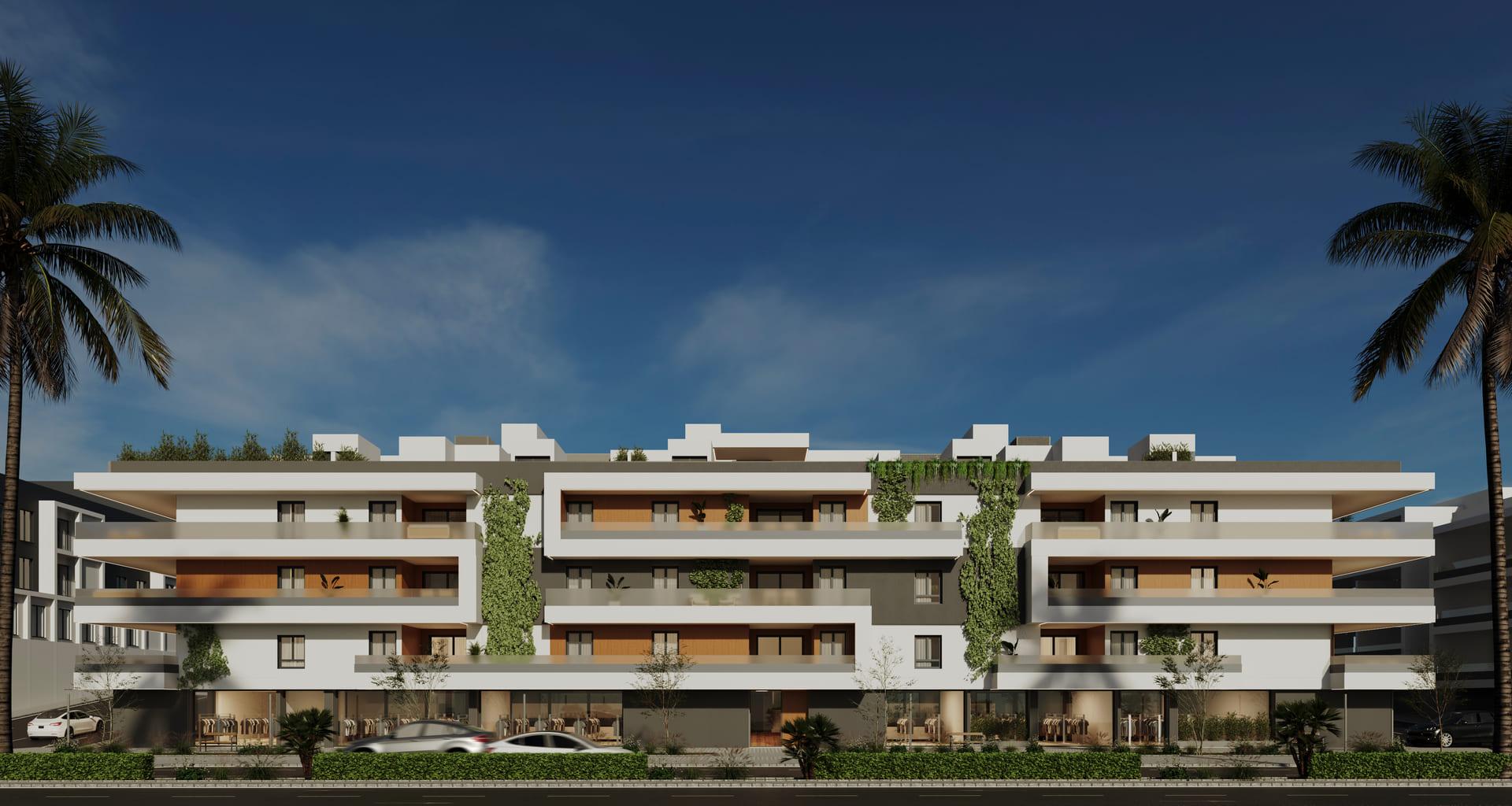 Open-plan kitchen and dining area in 3-bedroom new-build apartment, San Pedro de Alcántara