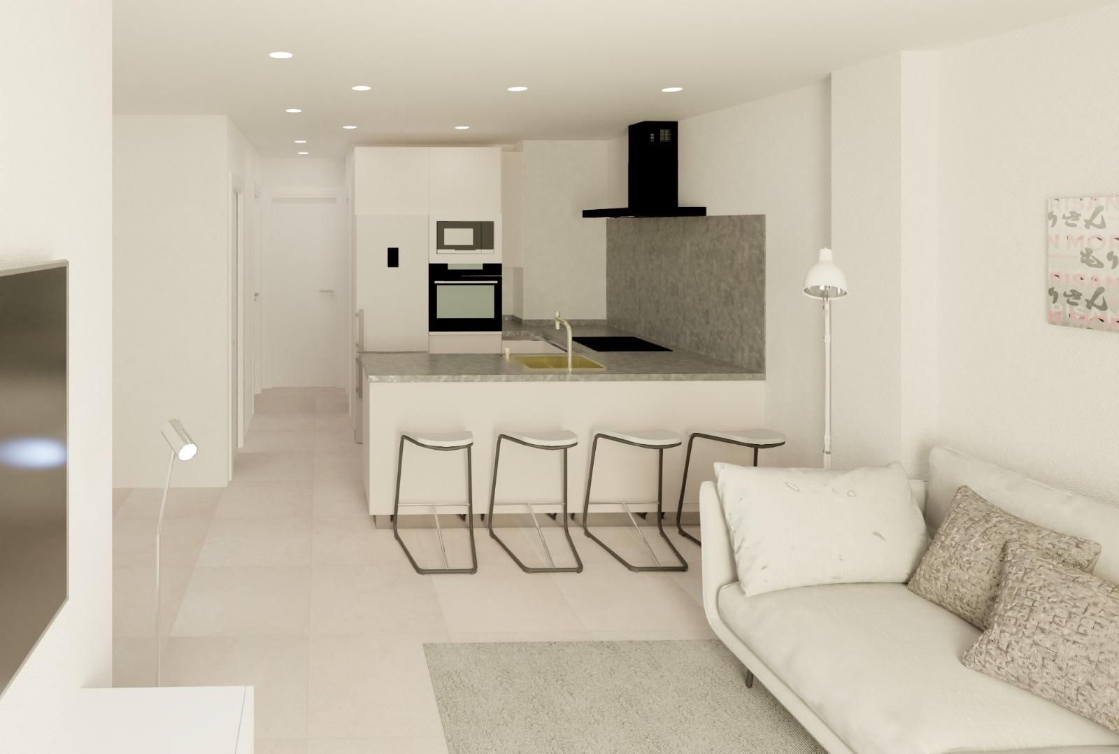 Kitchen with fitted units and porcelain tile floor in new-build apartment, Centro, Fuengirola