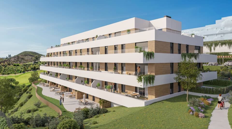 Communal pool with surrounding terrace, new-build development, La Cala de Mijas