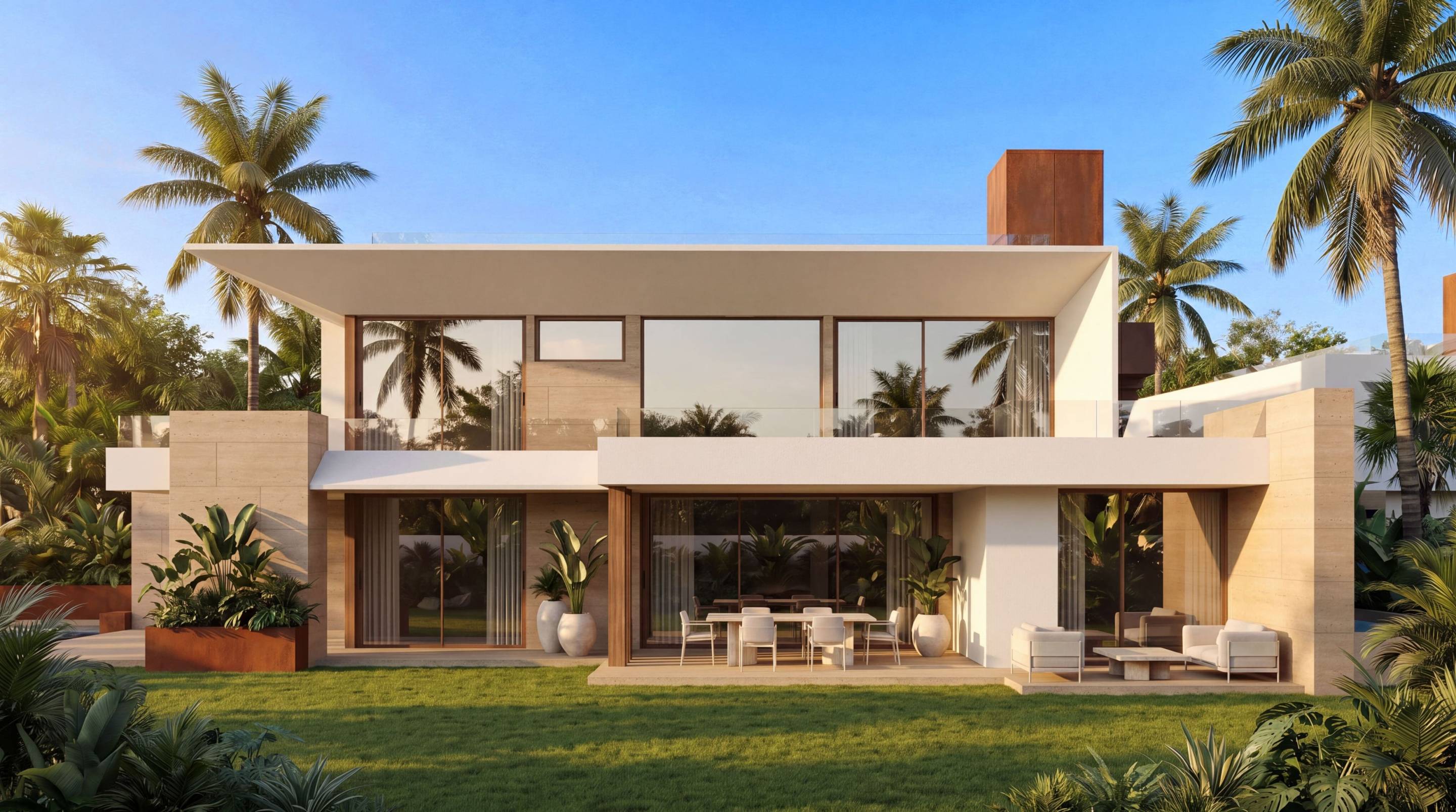 Evening exterior of new-build villa with pool lighting, Linda Vista, Marbella
