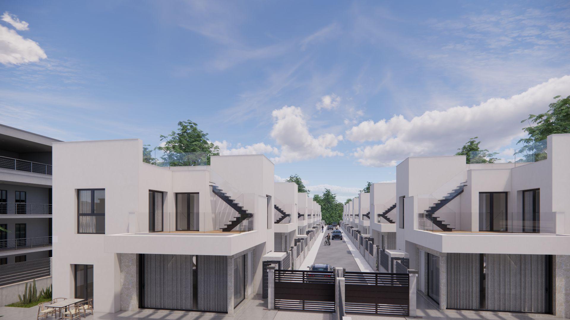 Private swimming pool and surrounding terrace of new-build townhouse in La Herrada, Los Montesinos