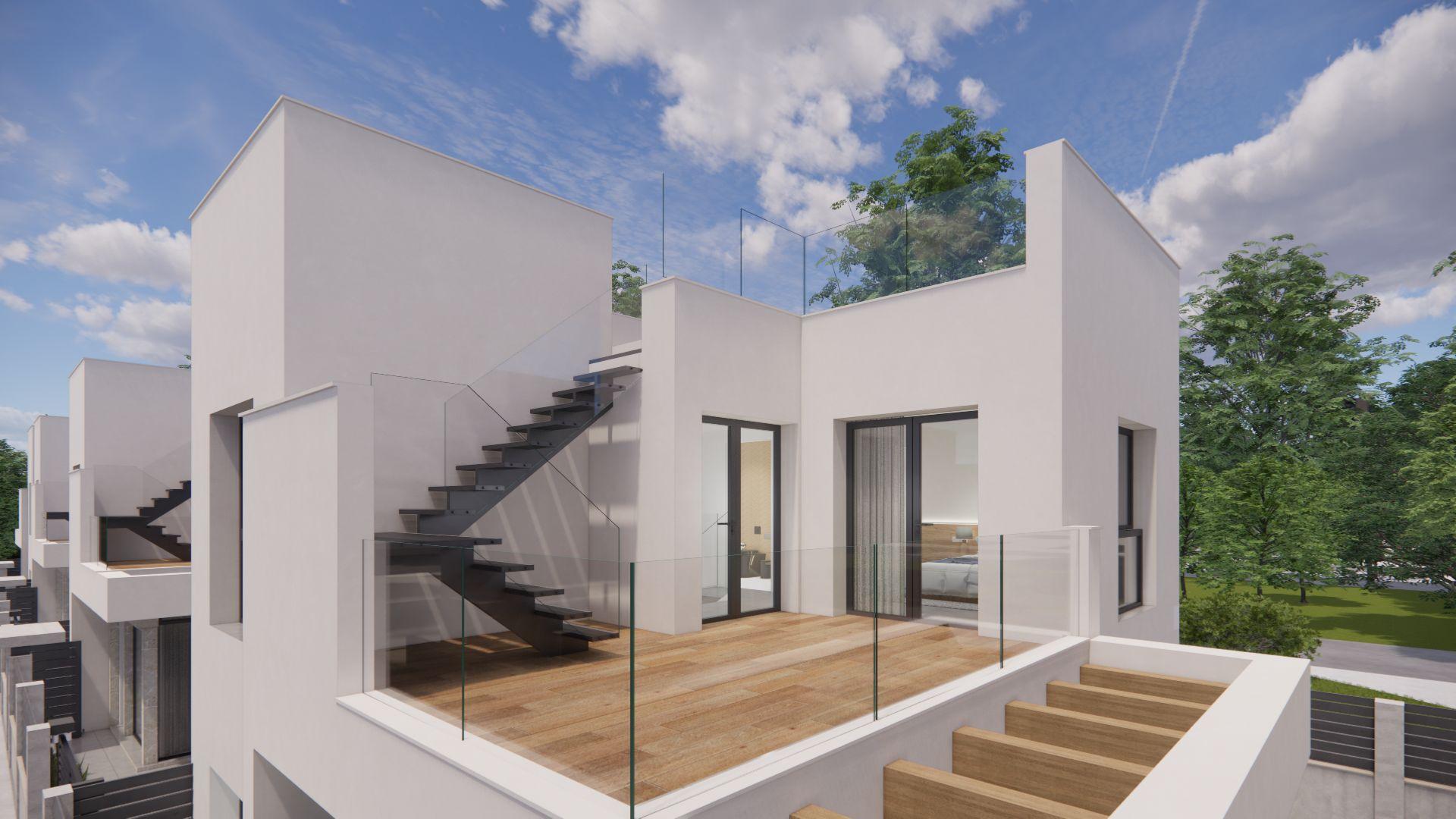 Private swimming pool with paved surround in townhouse garden, La Herrada