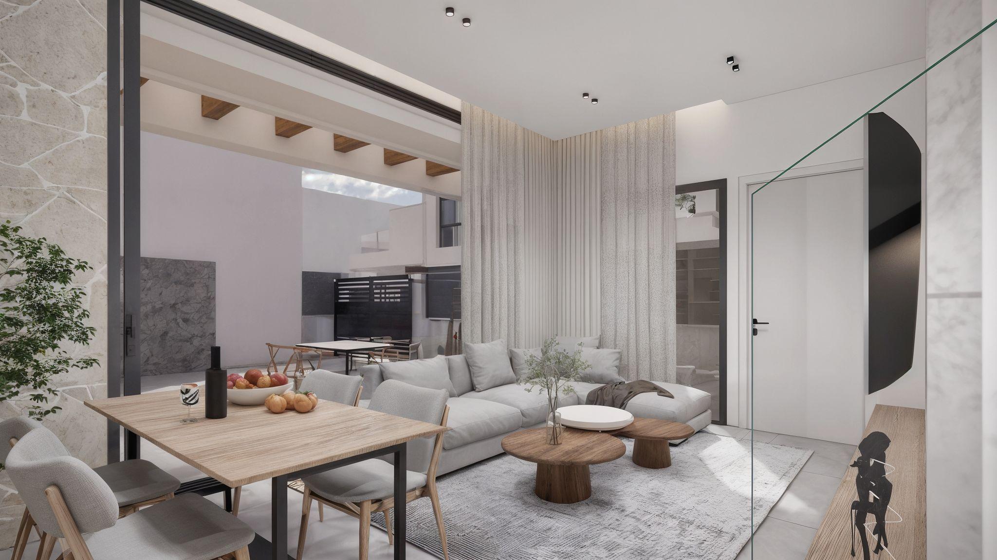 Living room with large window in townhouse, La Herrada