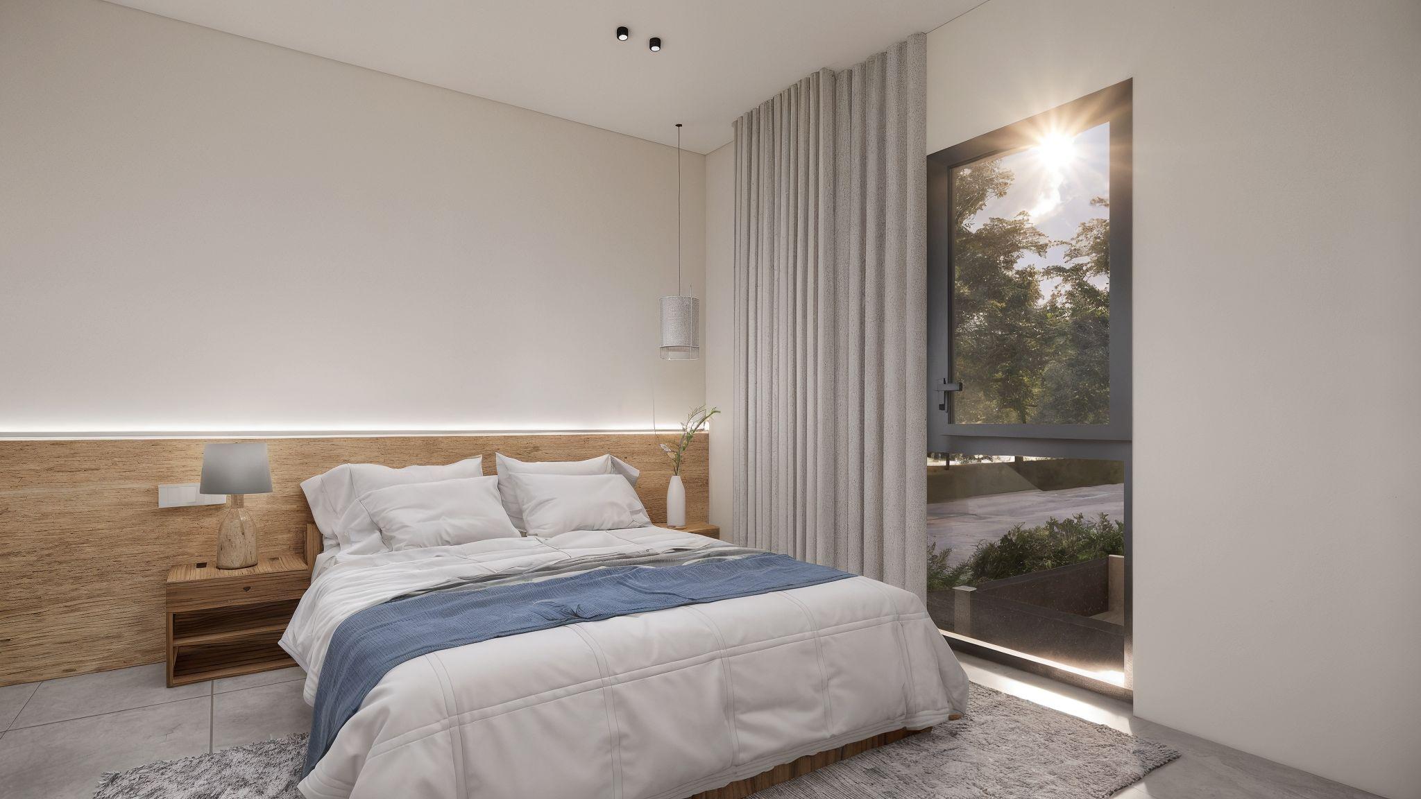 Bedroom with window and built-in wardrobes, new-build townhouse, Los Montesinos