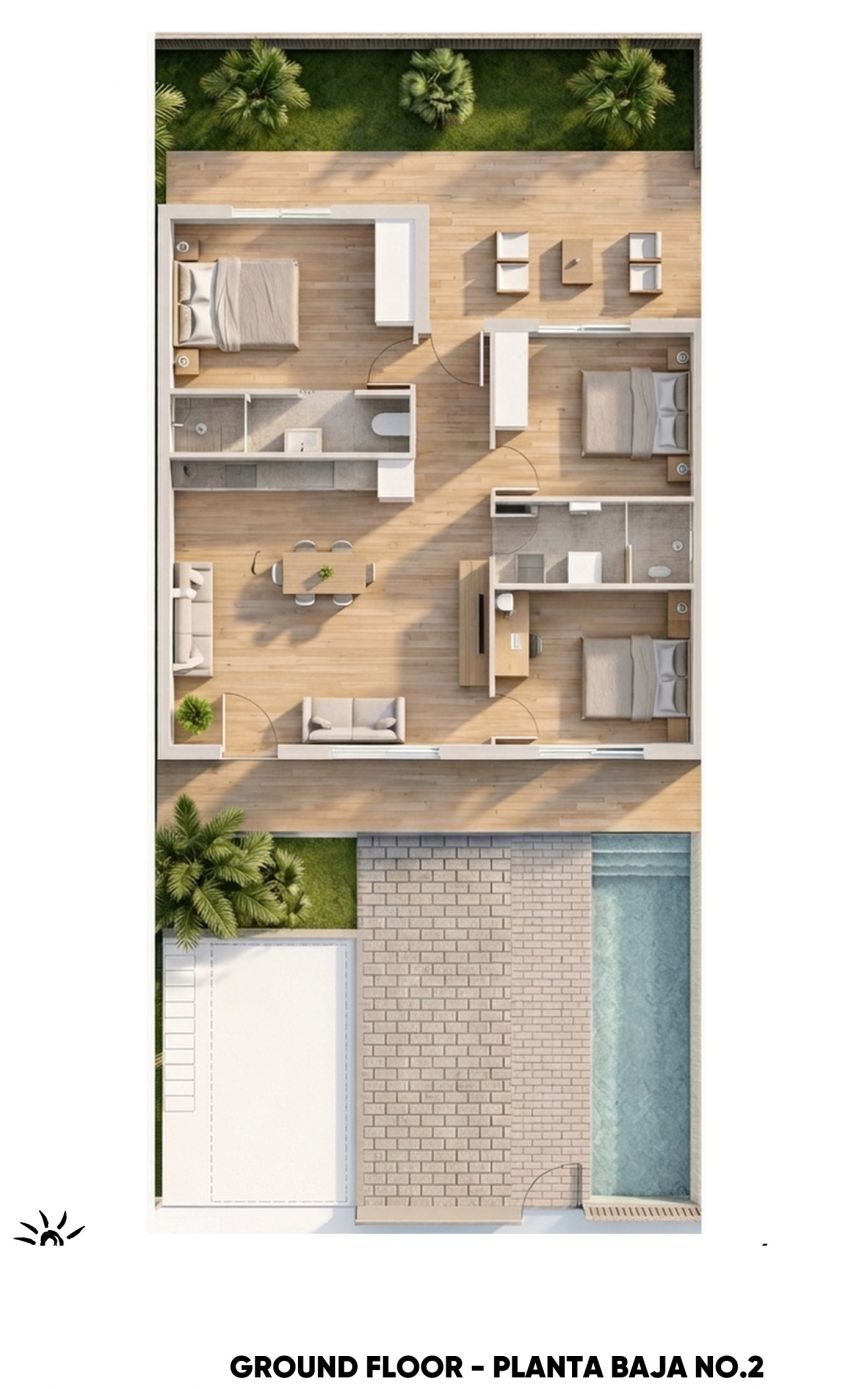 Floor plan of 3-bedroom ground-floor new-build bungalow, Zona Pueblo, Pilar De La Horadada