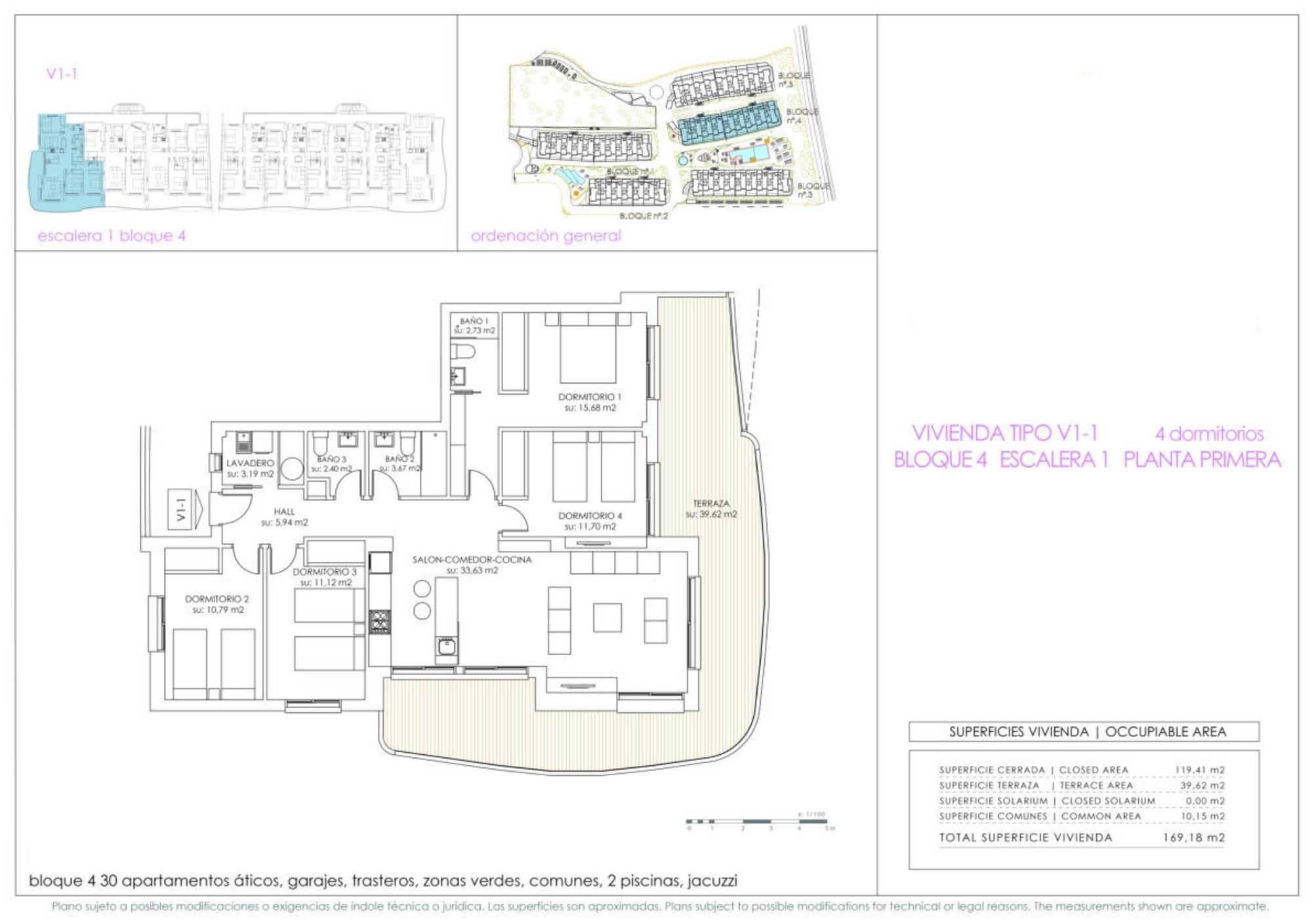 Floor plan of 4-bedroom, 2-bathroom apartment, La Zenia, Orihuela Costa