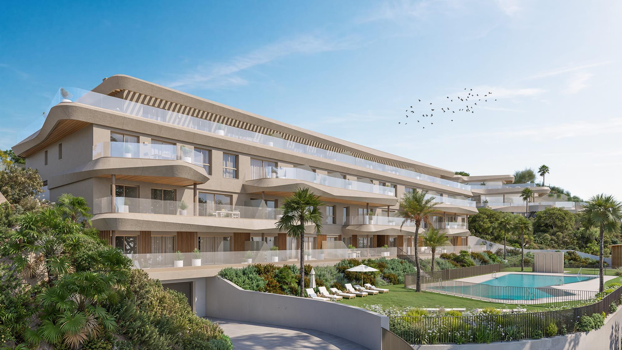 Open-plan living and dining area with porcelain tile flooring, 2-bedroom apartment, La Cala de Mijas