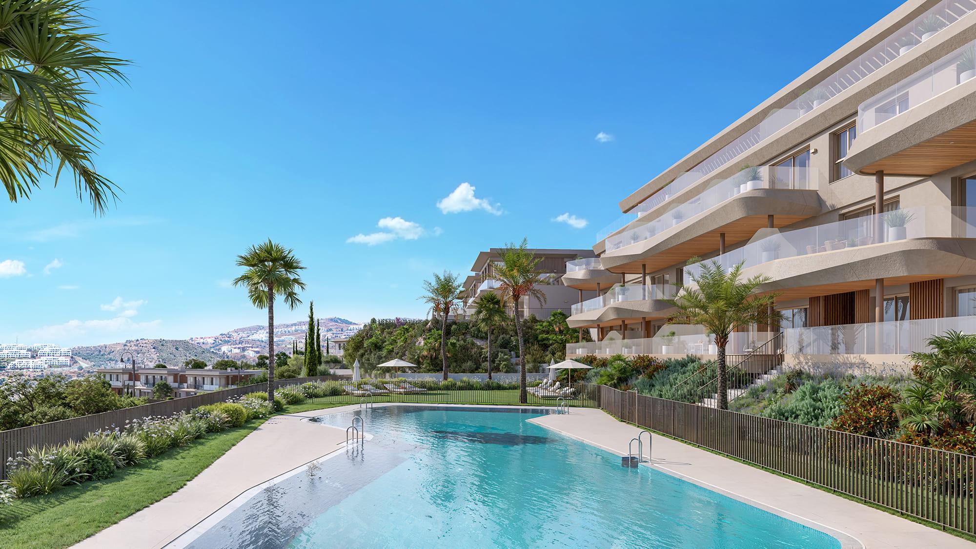 Development facade and main entrance, new-build complex, La Cala de Mijas