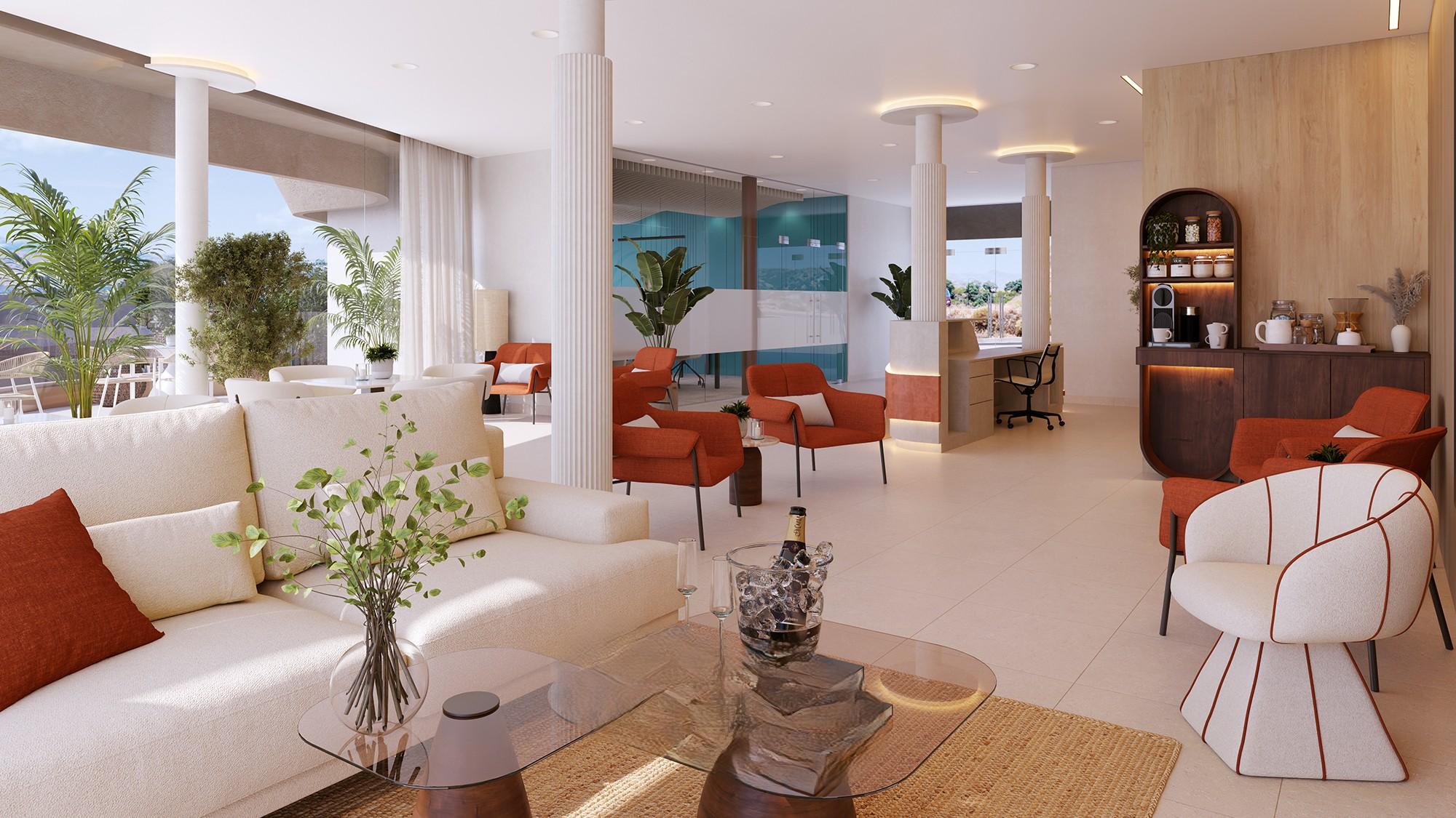 Landscaped pathway through communal area, La Cala de Mijas apartment complex