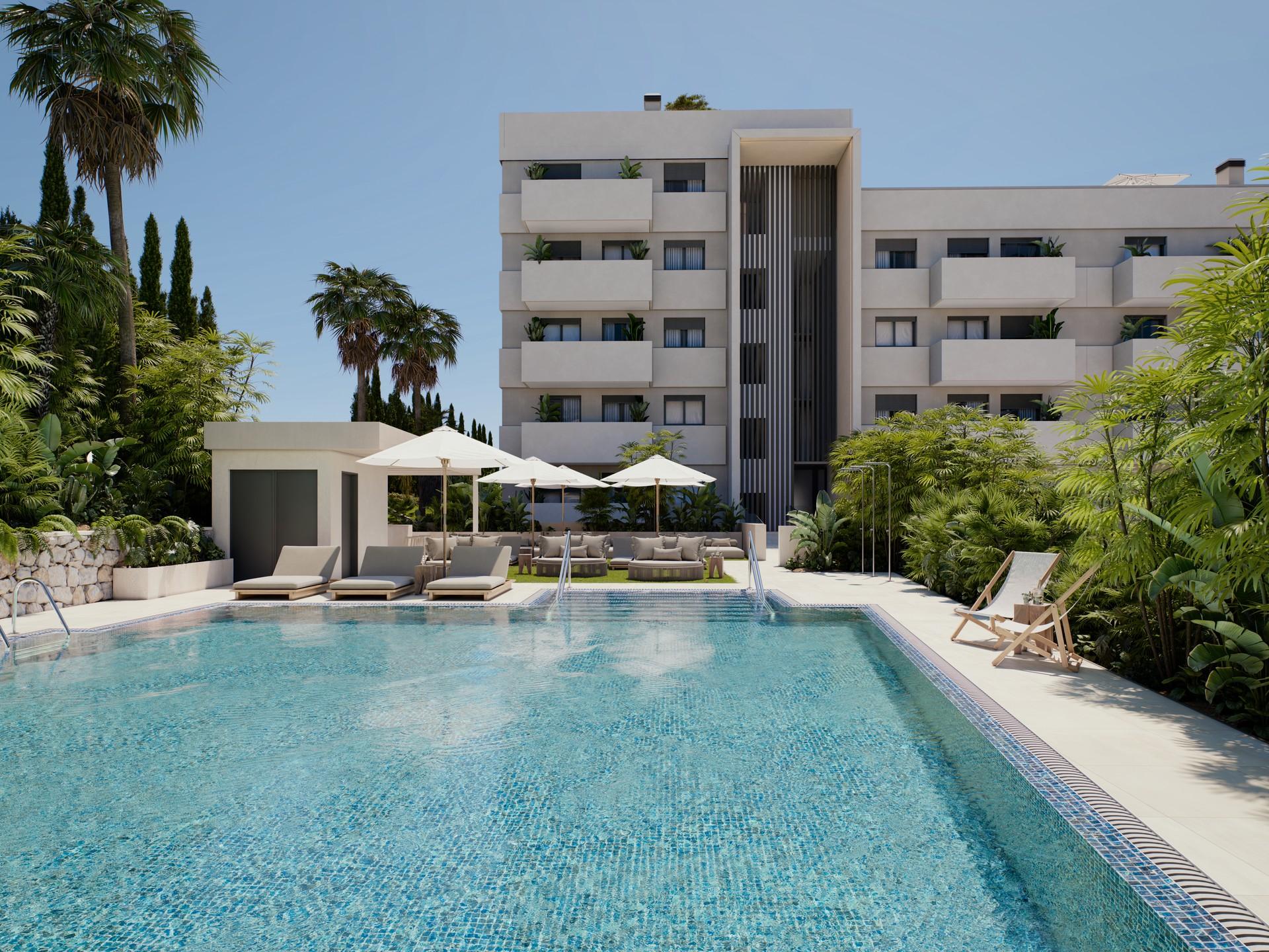 Communal pool area of new-build residential complex, Las Mesas, Estepona
