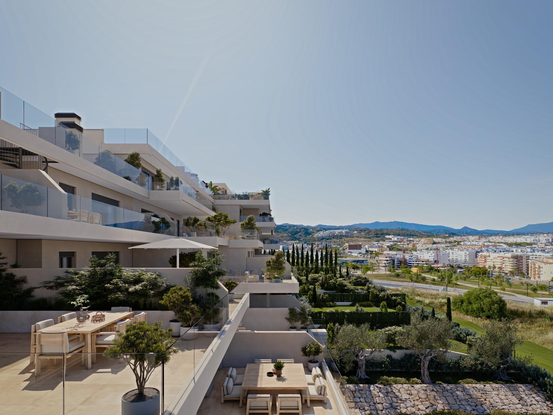 Landscaped communal gardens of new-build development, Las Mesas, Estepona