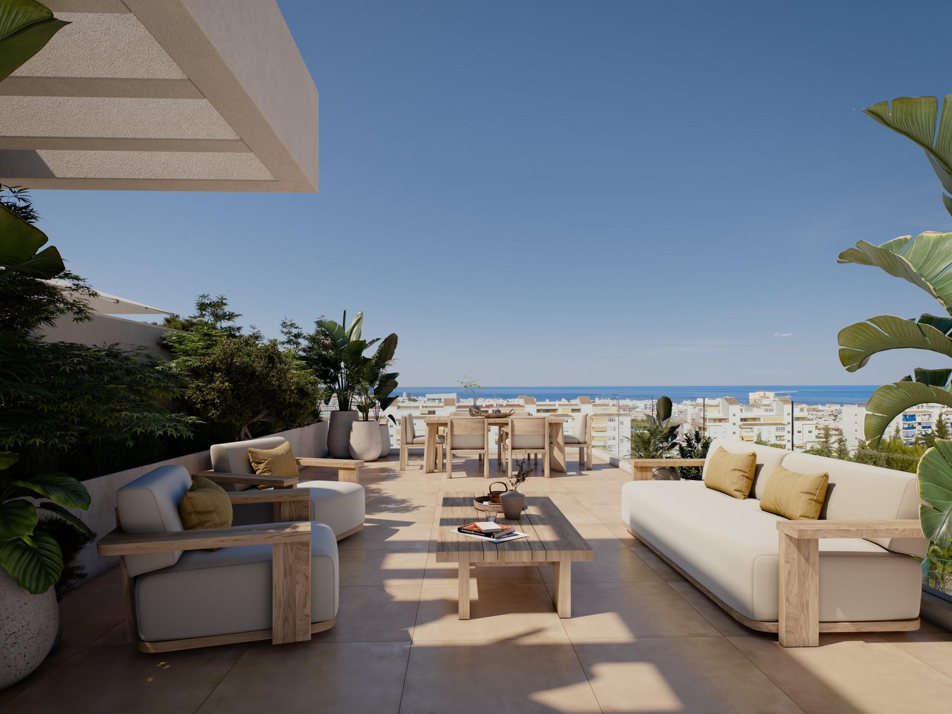 Rendered image of completed new-build development exterior, Las Mesas, Estepona