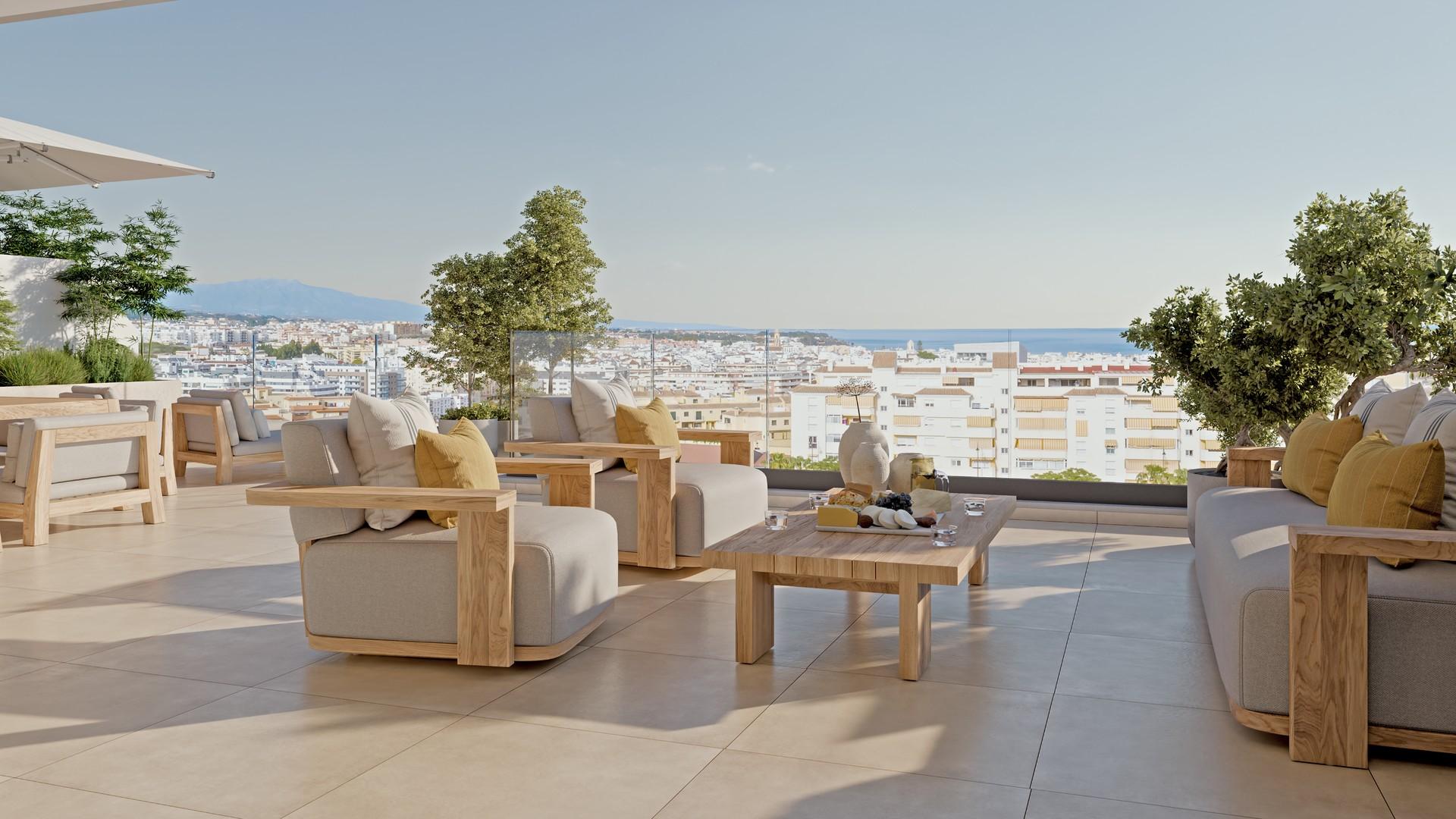 Communal pool and terrace area viewed from above, new-build development, Las Mesas, Estepona