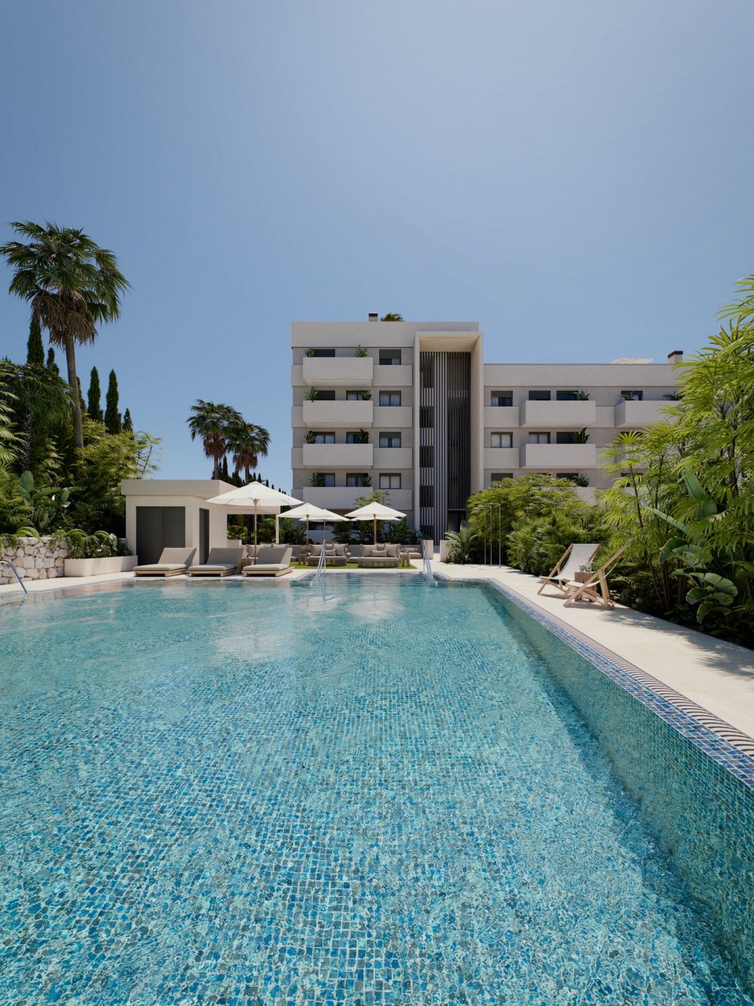 Communal pool area in new-build residential complex, Las Mesas, Estepona
