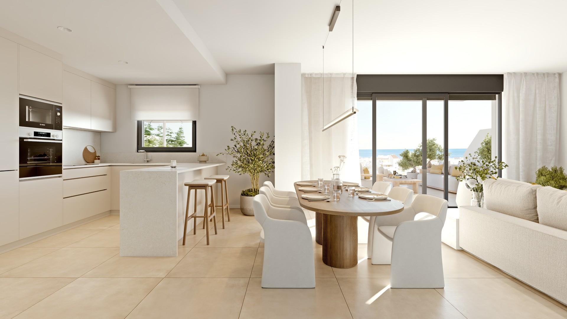 Kitchen detail showing porcelain tile floor, new-build apartment, Las Mesas