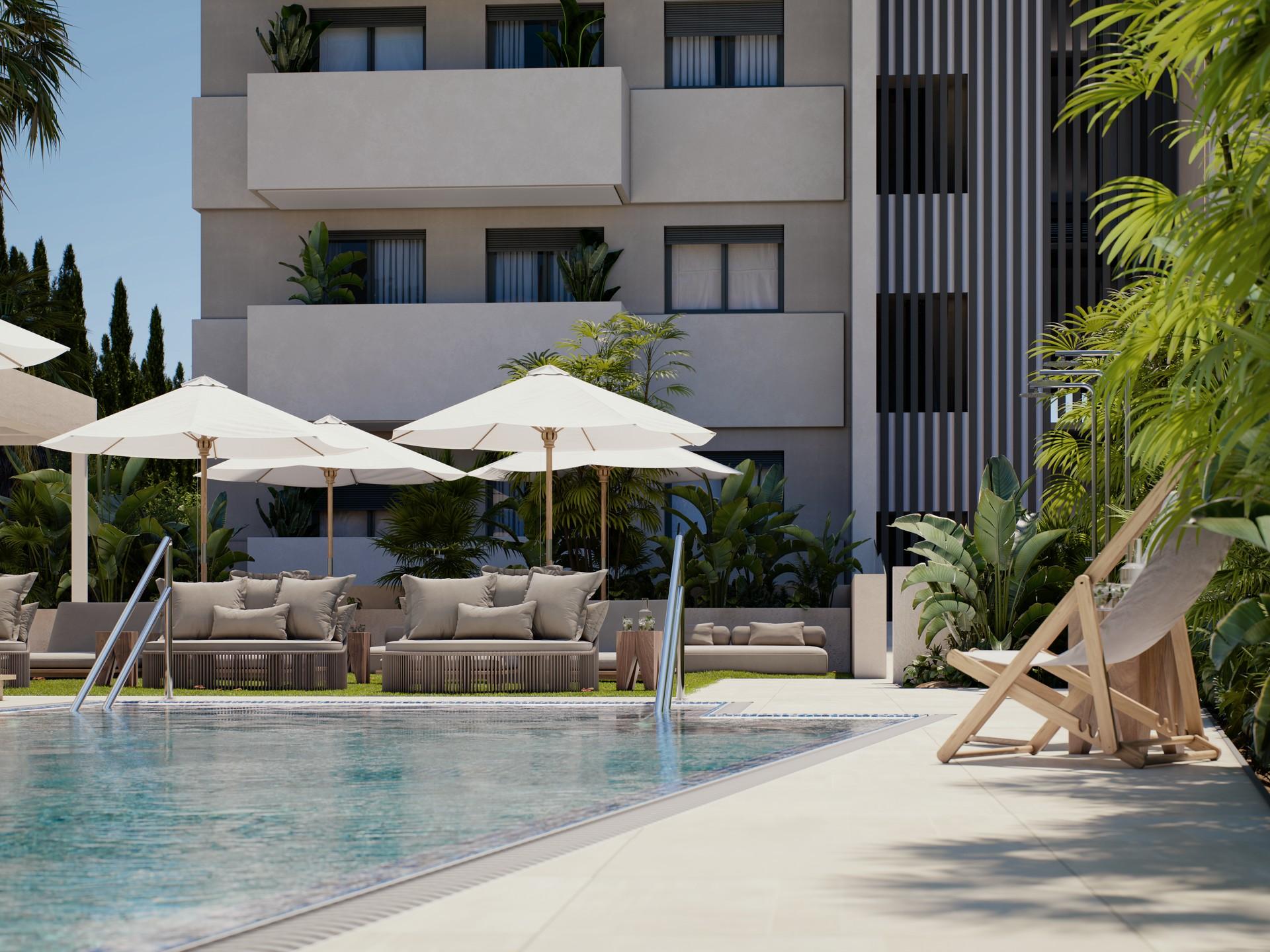 Living and dining area in 3-bedroom new-build apartment, Las Mesas, Estepona