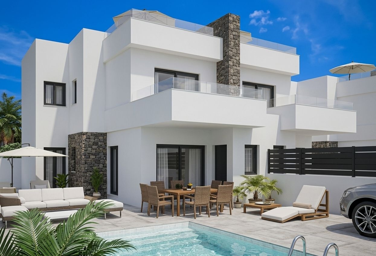 Outdoor seating area on terrace, new-build townhouse, Desamparados, Orihuela