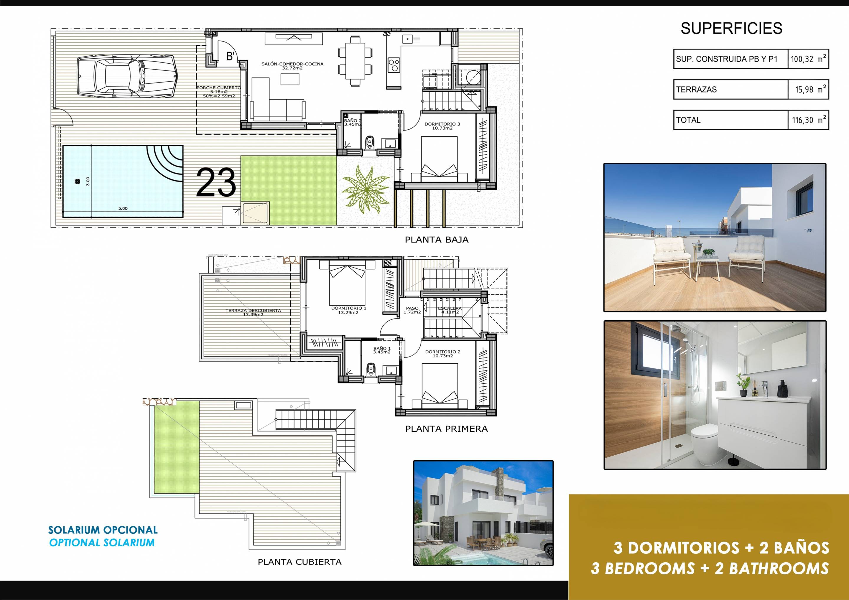 Floor plan of 3-bedroom 116 m2 townhouse, Vistabella, Orihuela