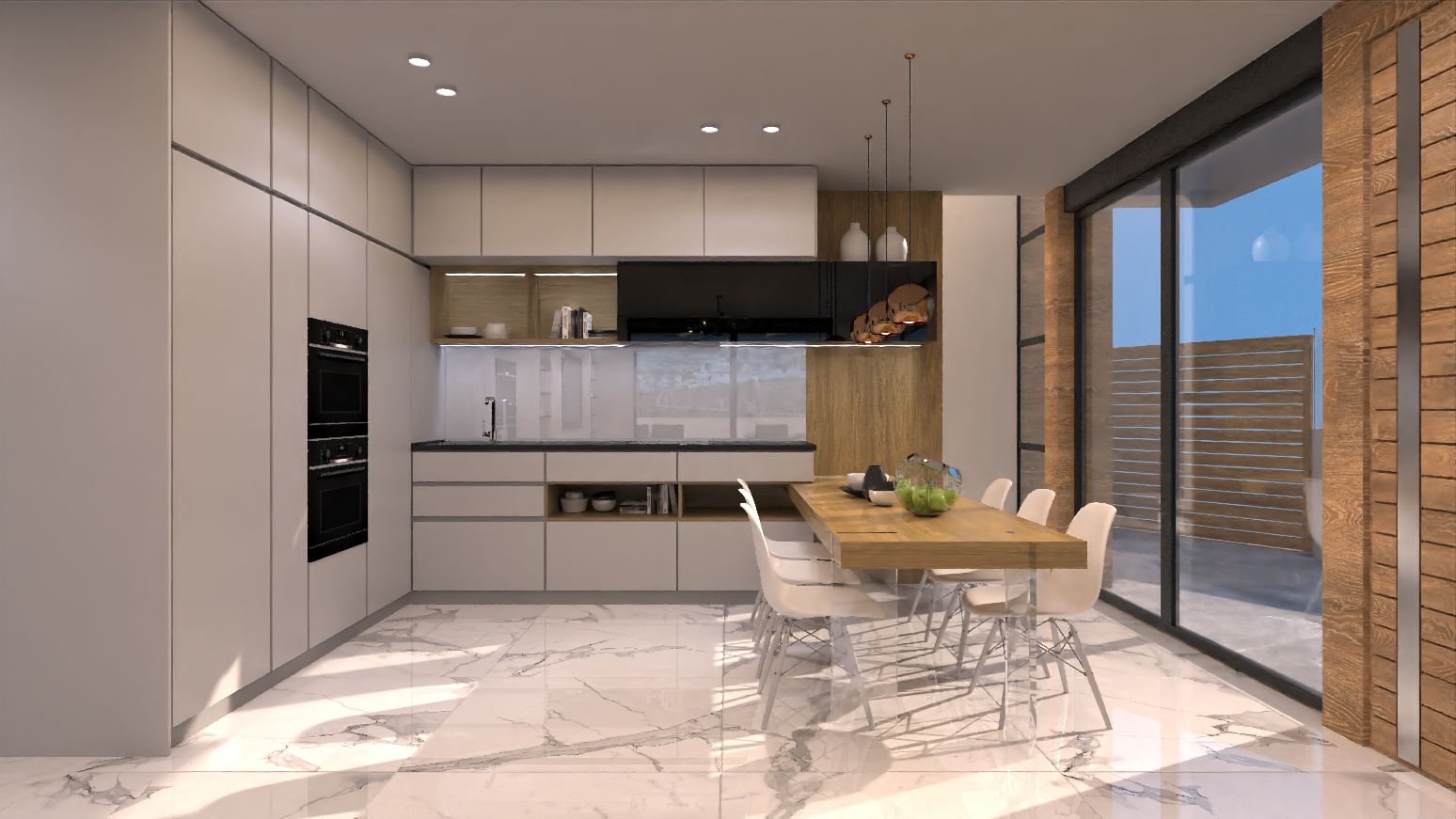 Living room interior showing tiled floor and glazed patio access, new-build villa, La Marquesa