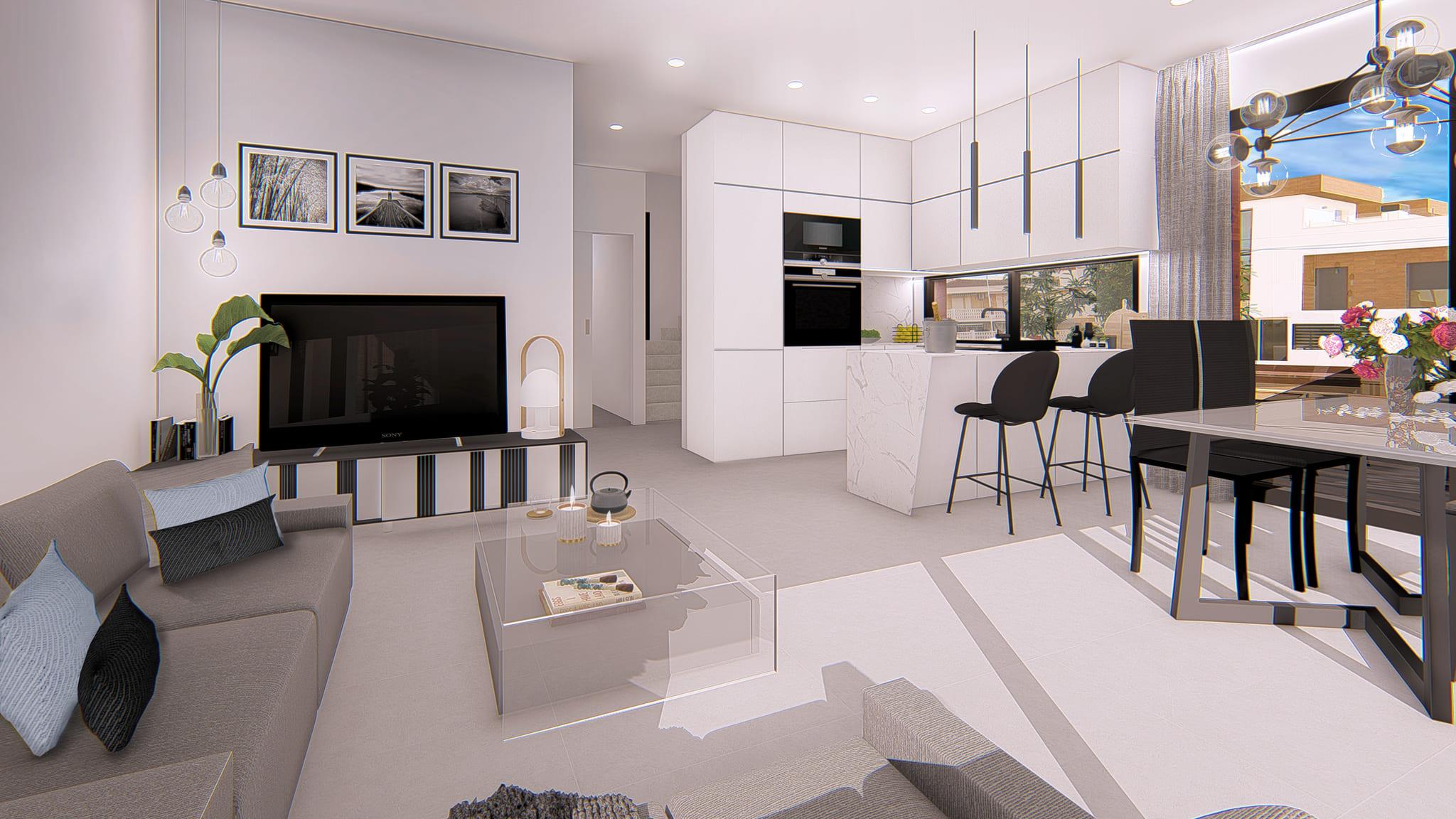 Living and dining area in 4-bedroom townhouse, La Mata, Torrevieja