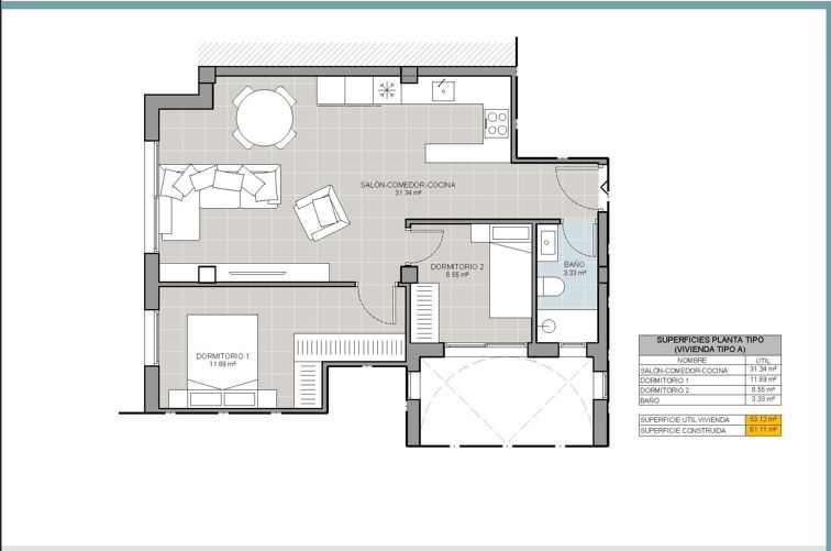 Floor plan of 61m2 two-bedroom new-build apartment, Acequion, Torrevieja