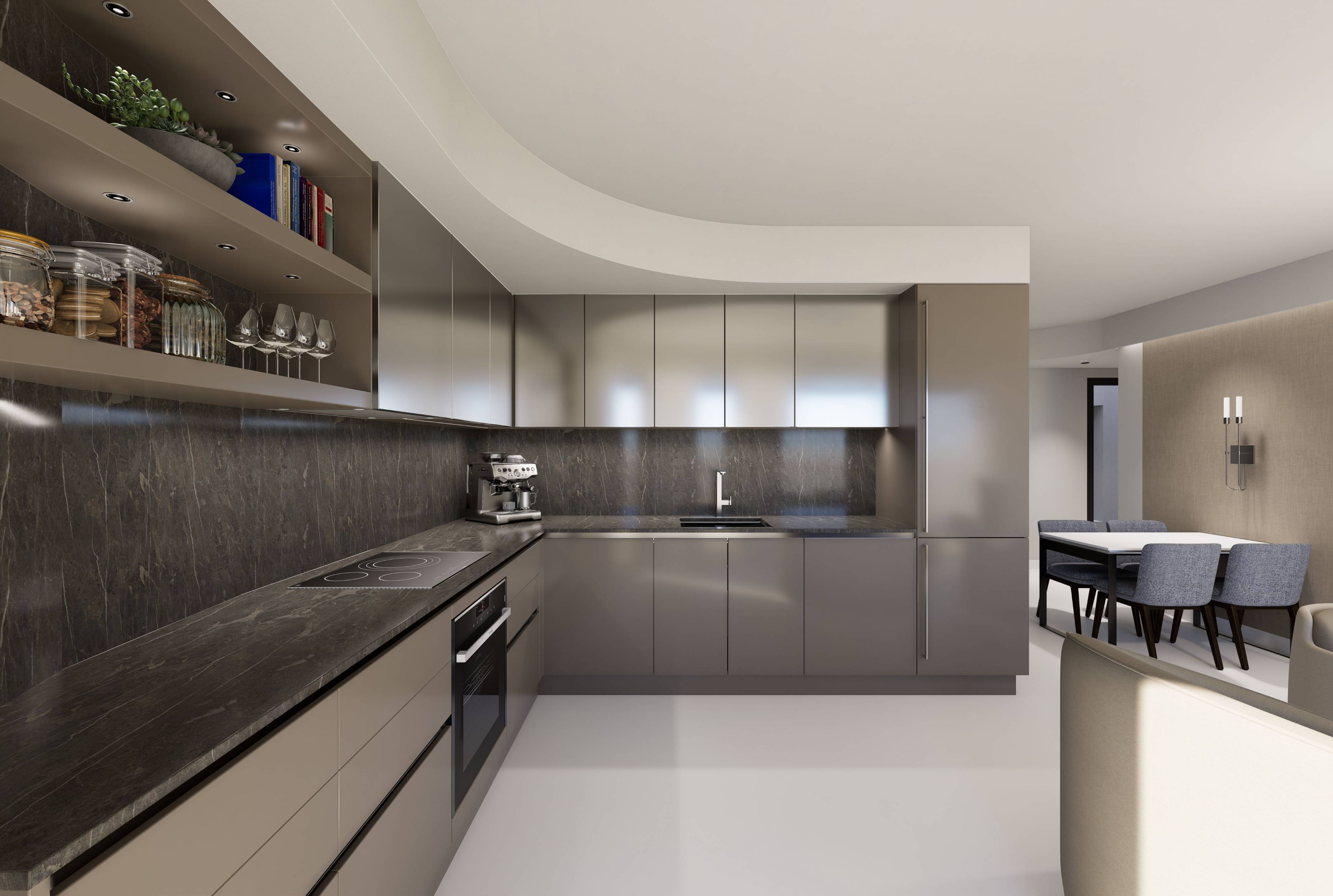 Fitted kitchen with white units and worktop in new-build apartment, Acequion, Torrevieja