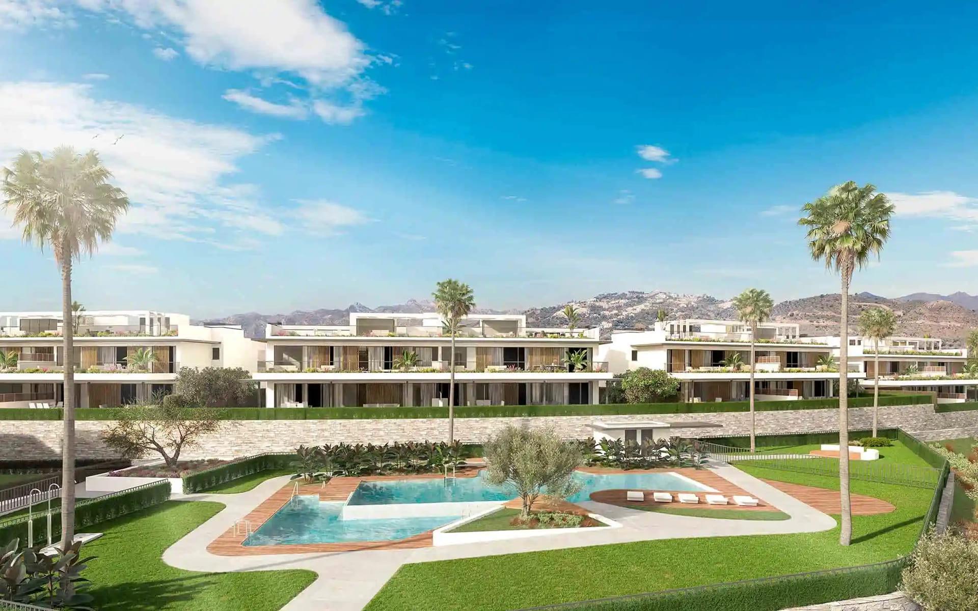 Aerial view of gated golf-front complex in Bahía de Marbella, Marbella