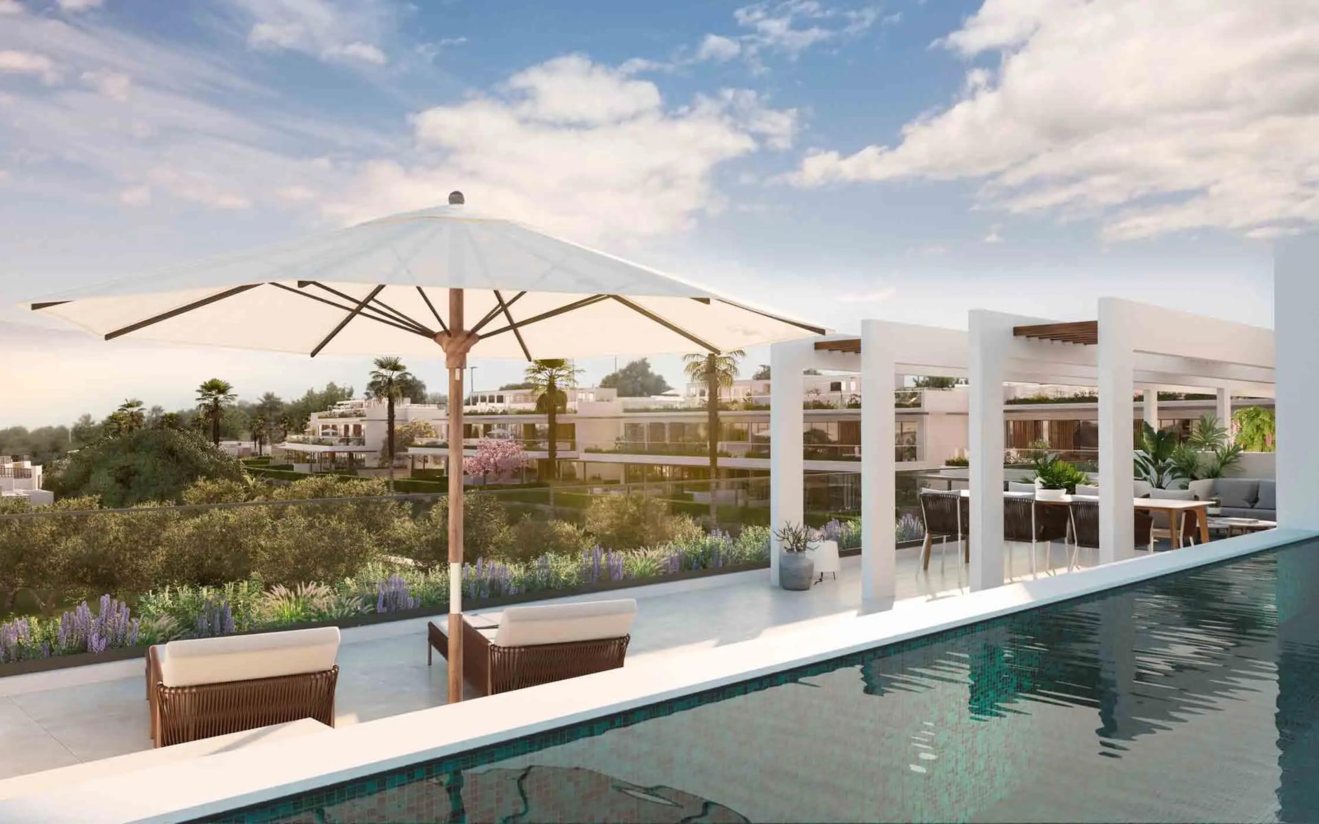 Master bedroom with floor-to-ceiling windows in 3-bedroom bungalow, Bahía de Marbella