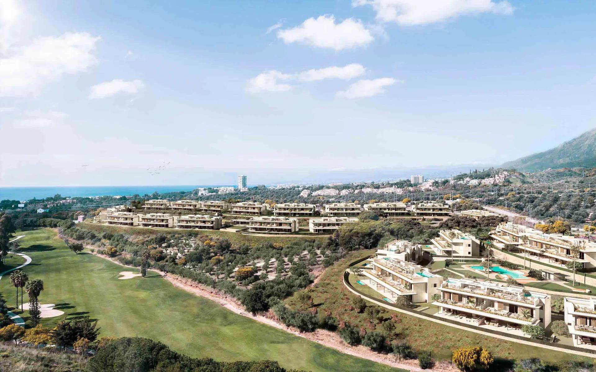 Landscaped gardens with mature pine trees in gated Bahía de Marbella complex