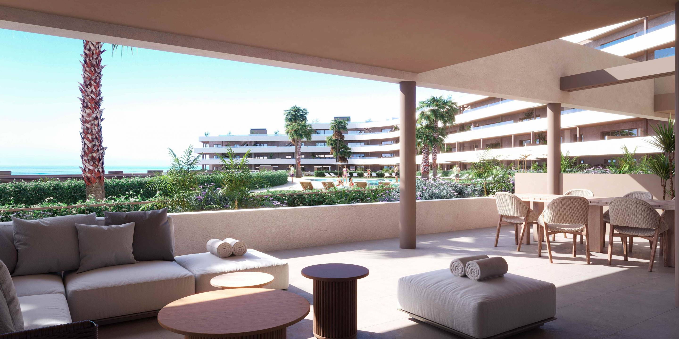 Living area with floating floors in 3-bedroom apartment, Bahia de las Rocas, Manilva
