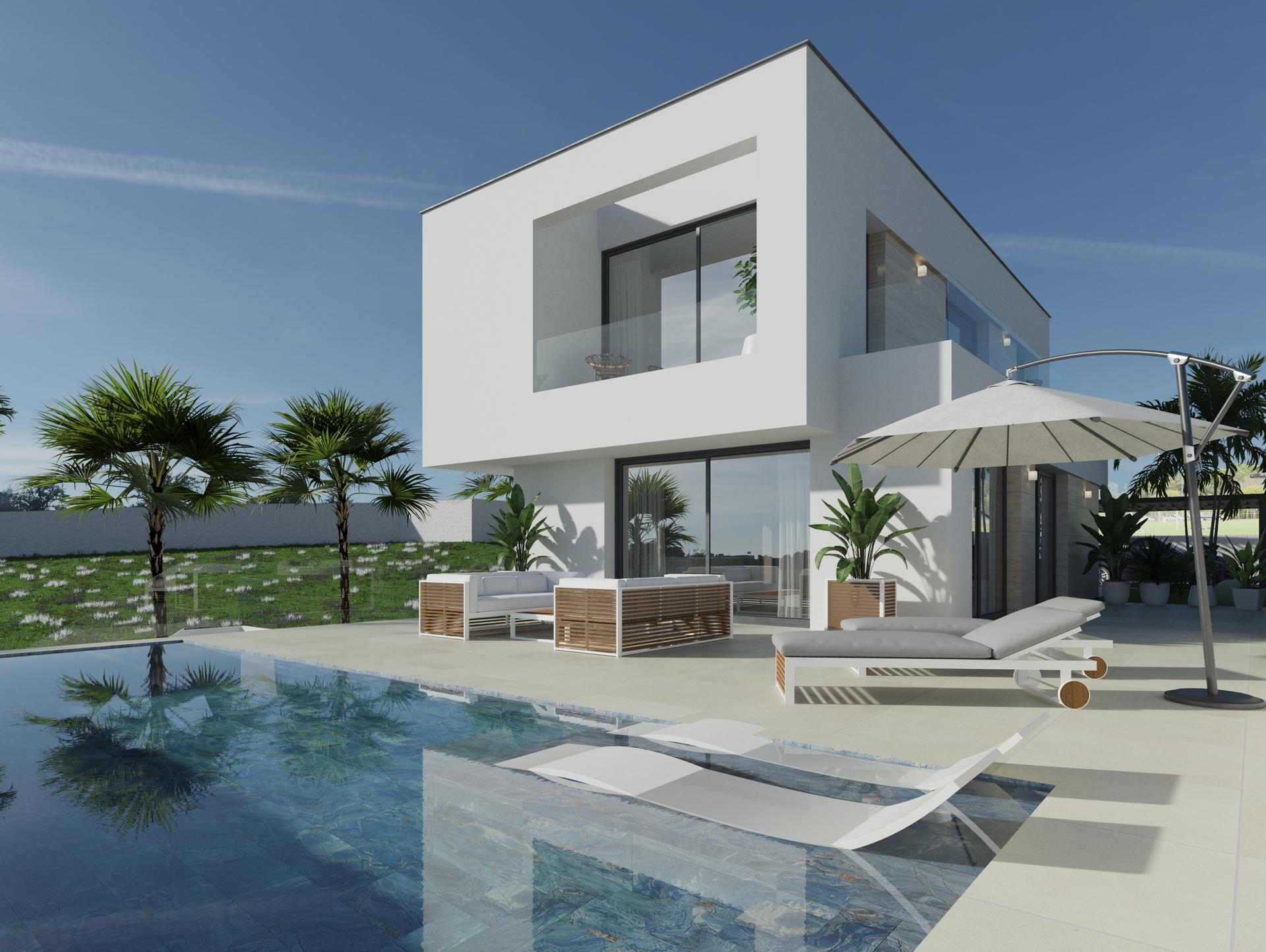 Front facade of 3-bedroom new-build villa showing entrance and architectural finish, Ciudad Quesada