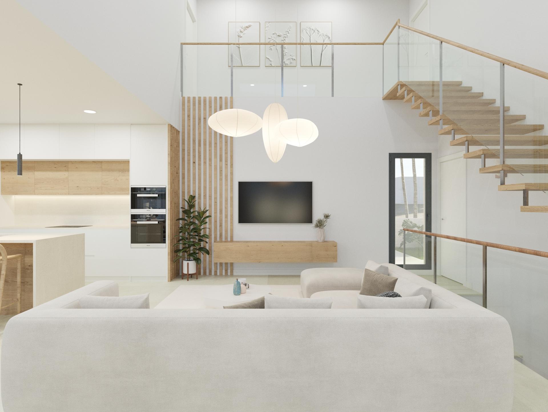 Living room with large glazed windows letting in natural light, new-build villa, Ciudad Quesada
