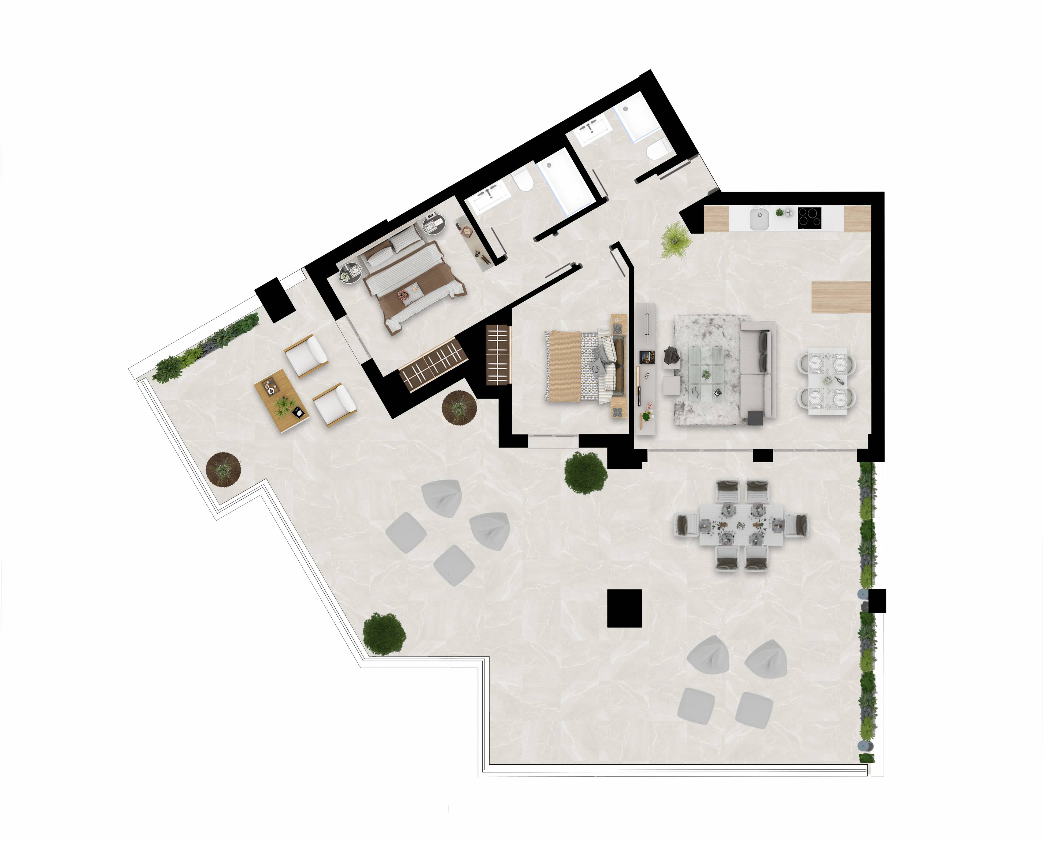 Floor plan of 3-bedroom penthouse, Hipódromo-Cerrado del Águila, Mijas - lower level