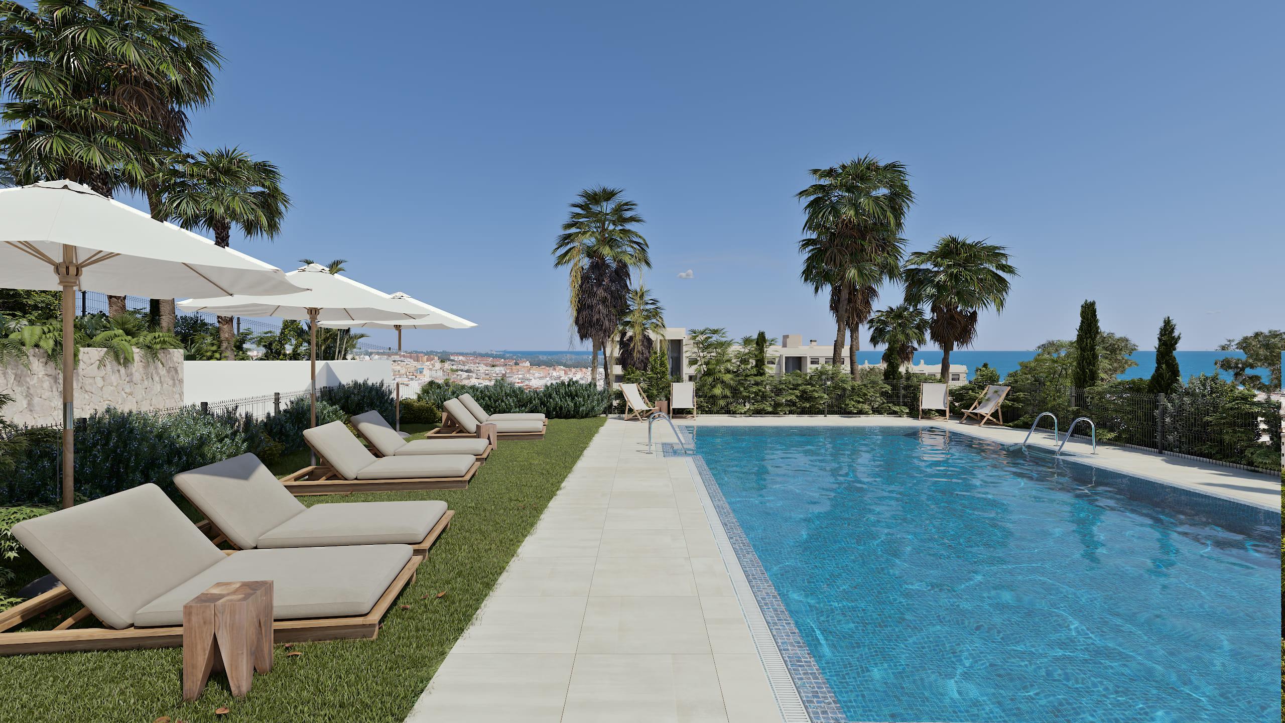 Pergola and covered porch area in communal gardens of new-build development, Las Mesas, Estepona
