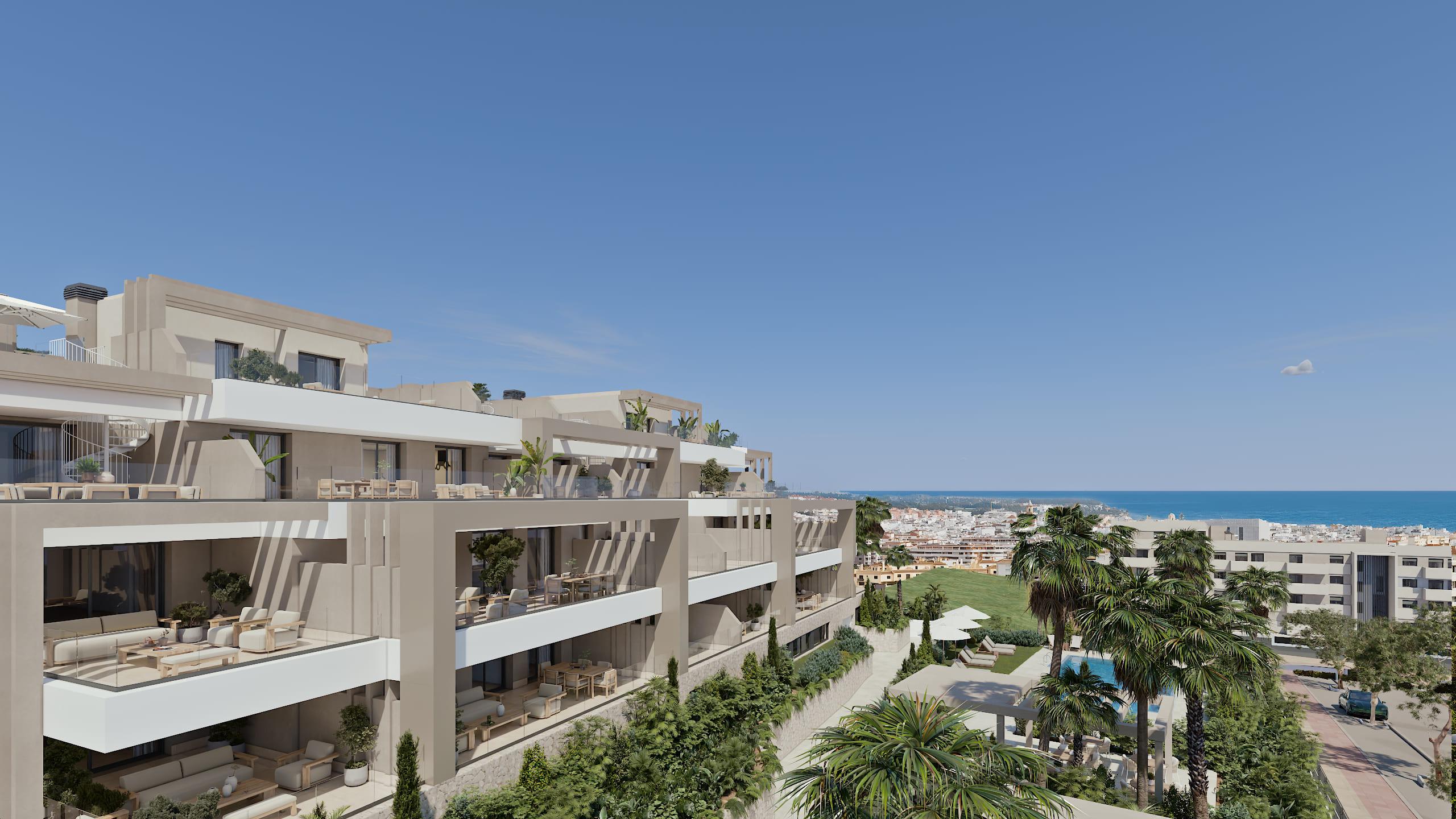 Sea view towards Gibraltar from terrace of new-build apartment, Las Mesas, Estepona