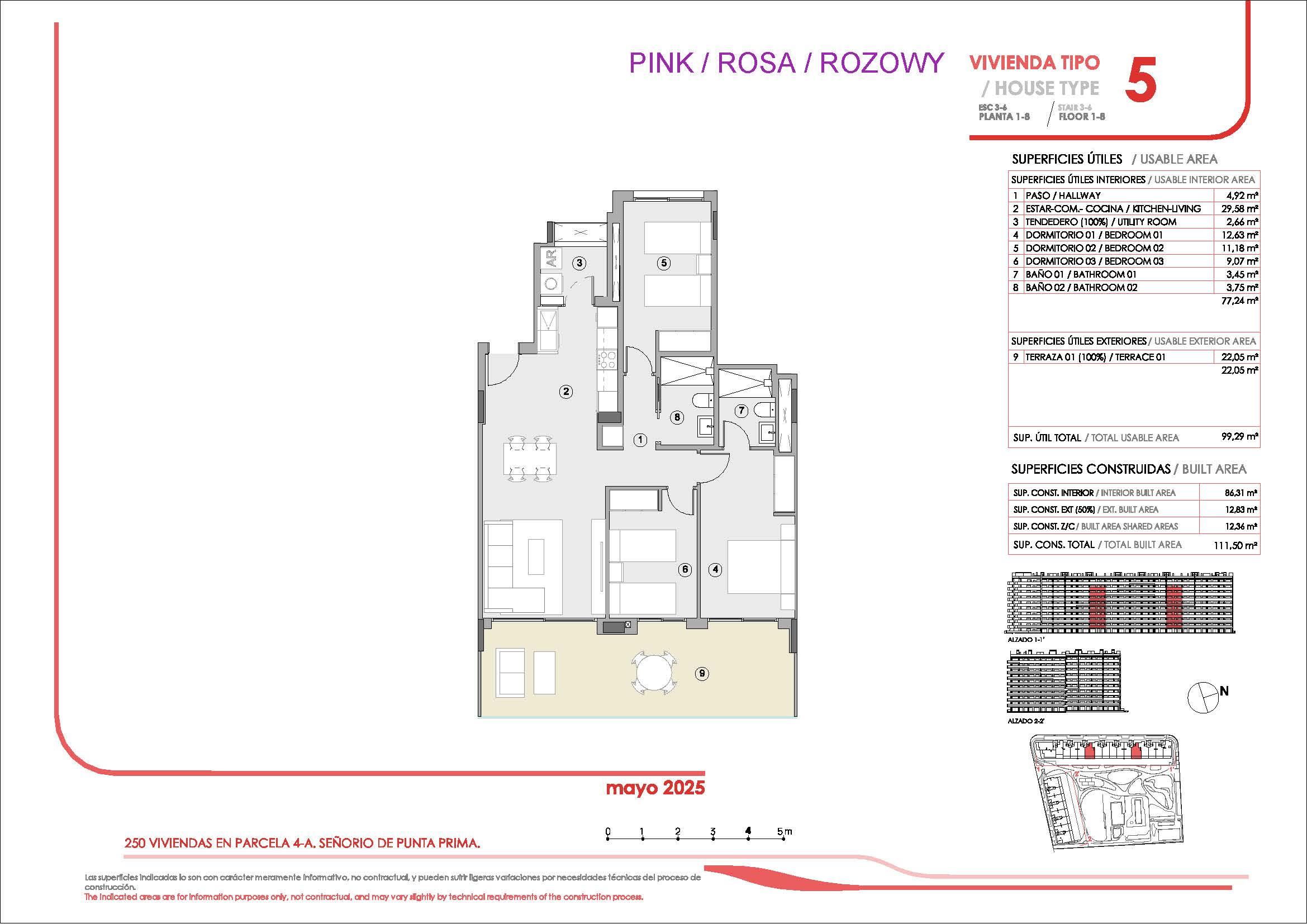 Floor plan of 3-bedroom apartment on first floor of eight-storey building, Punta Prima, Torrevieja