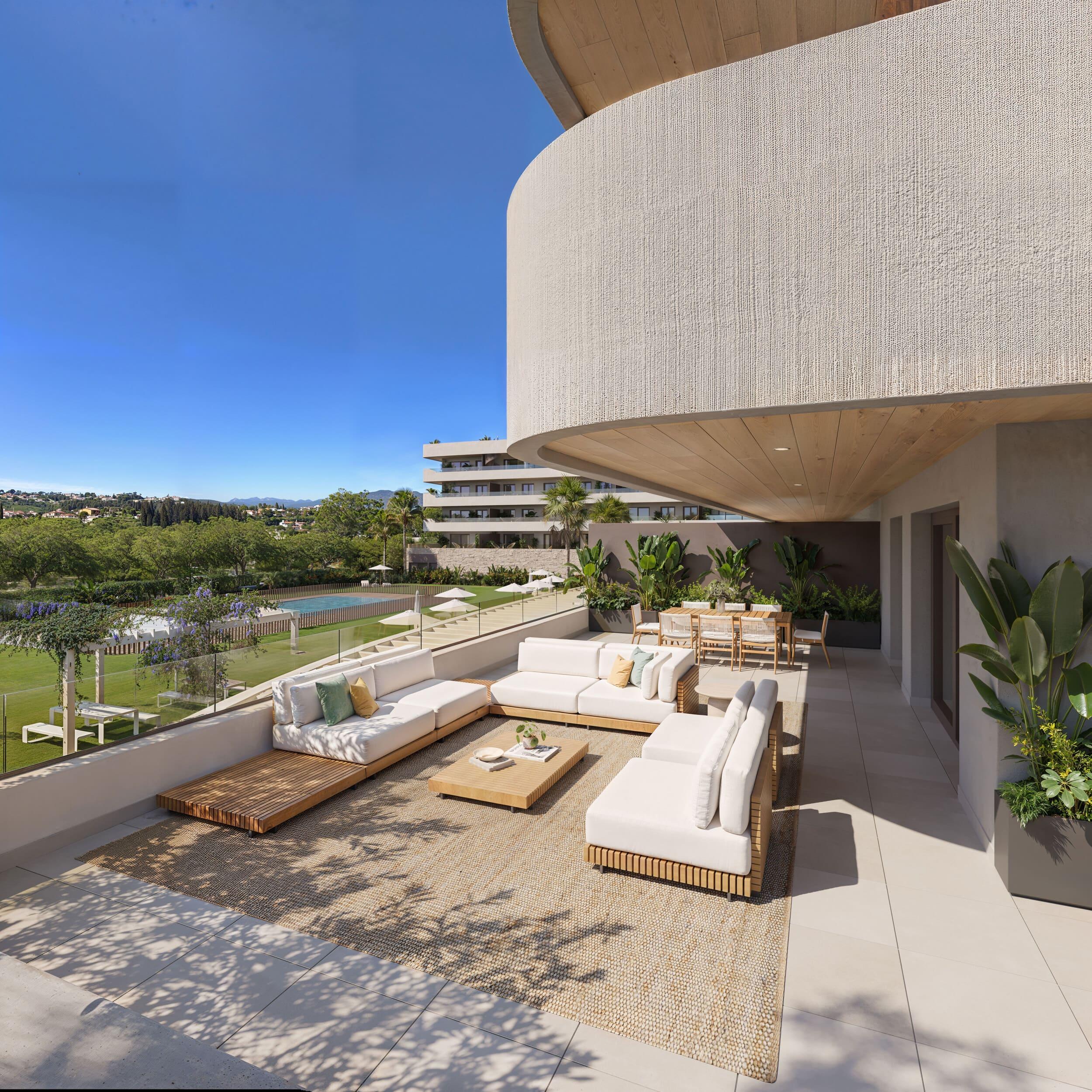 Street-level view of new-build residential complex exterior, Los Pacos, Fuengirola