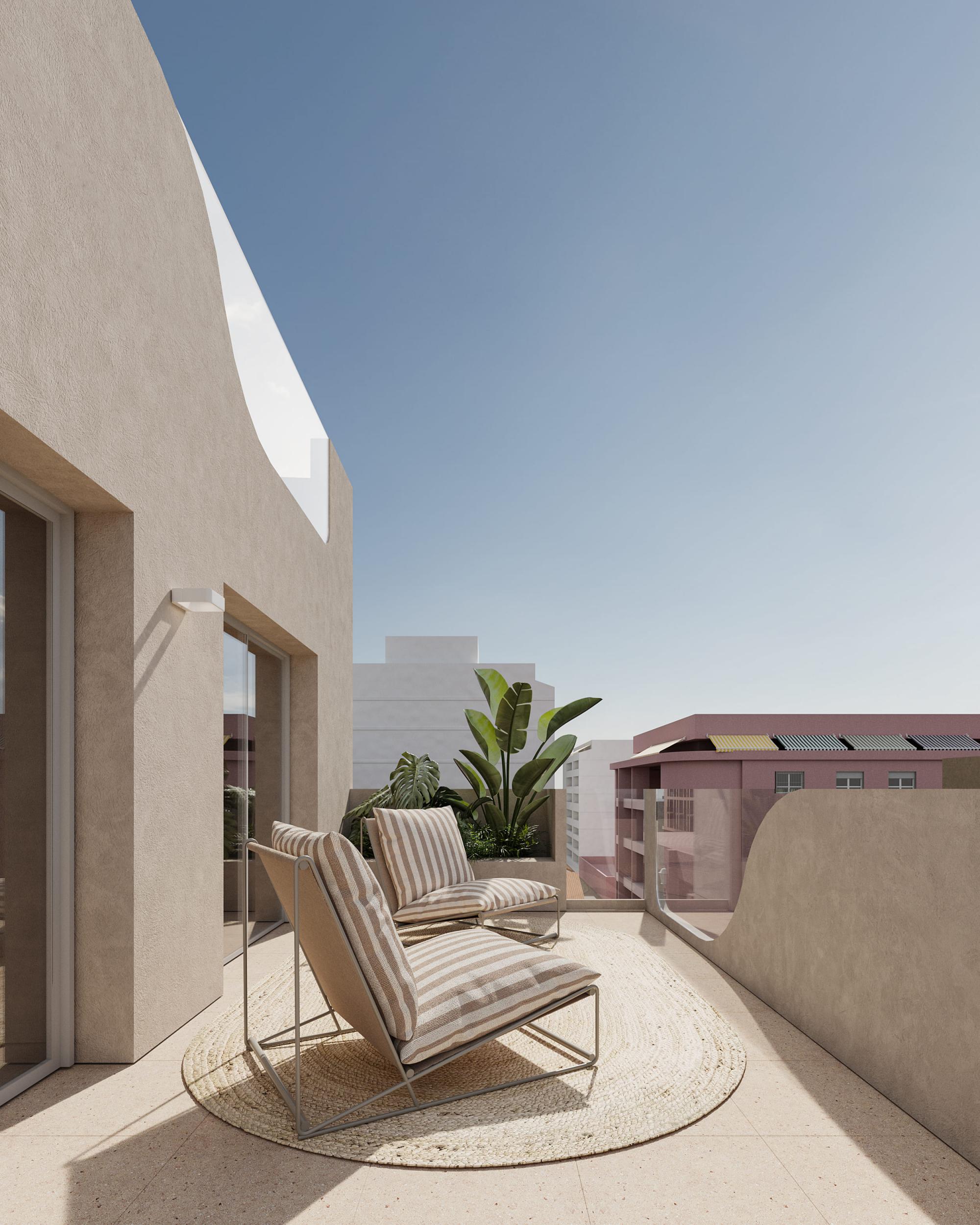 Open-plan living area with porcelain tile floors in 1-bedroom penthouse, Torrevieja Centre