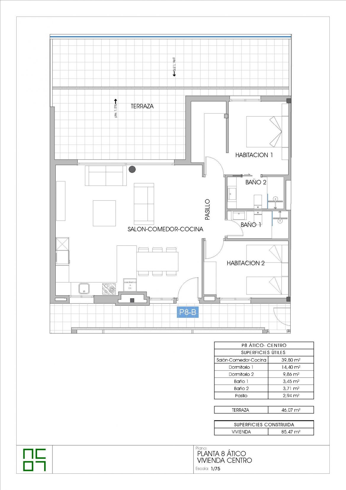 Floor plan of 2-bedroom penthouse on 8th floor, Las Azaleas, Villajoyosa