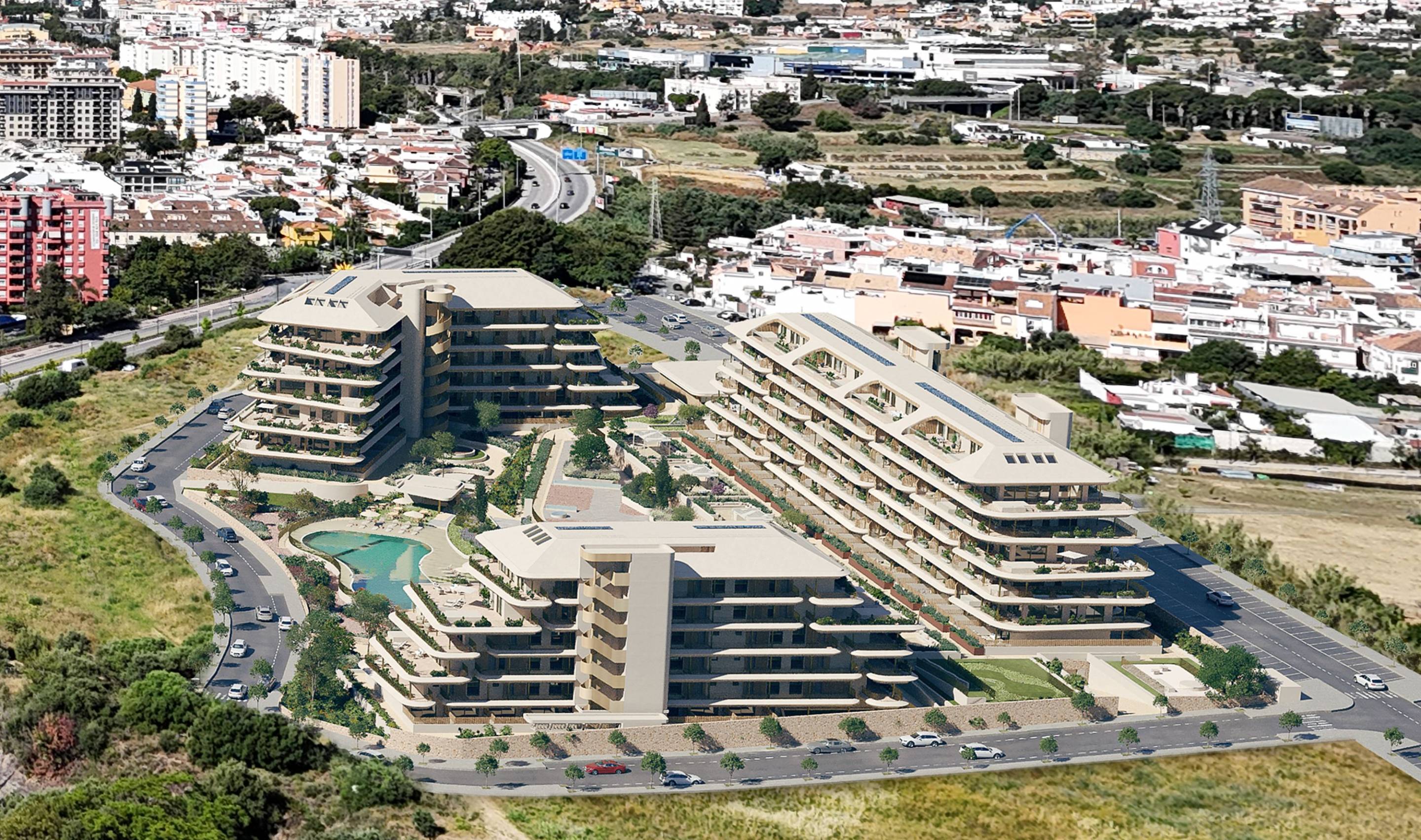 Exterior facade of new-build residential complex in Los Boliches, Fuengirola