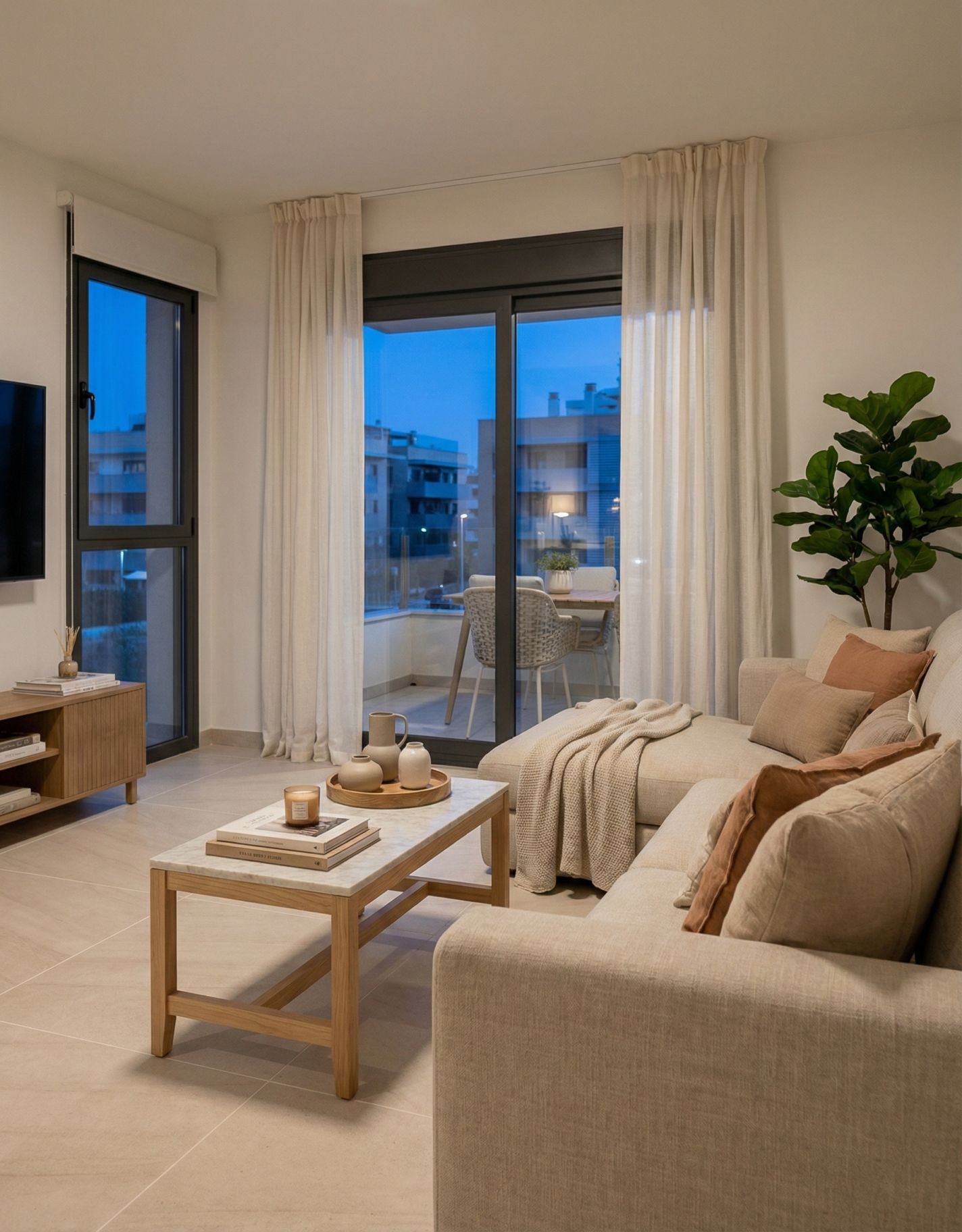 Porcelain tile floor detail in open-plan living space, new-build penthouse, Pueblo 4