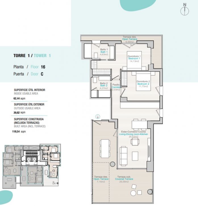 Floor plan of 2-bedroom, 3-bathroom apartment in Ifach, Calpe showing 90 m² layout