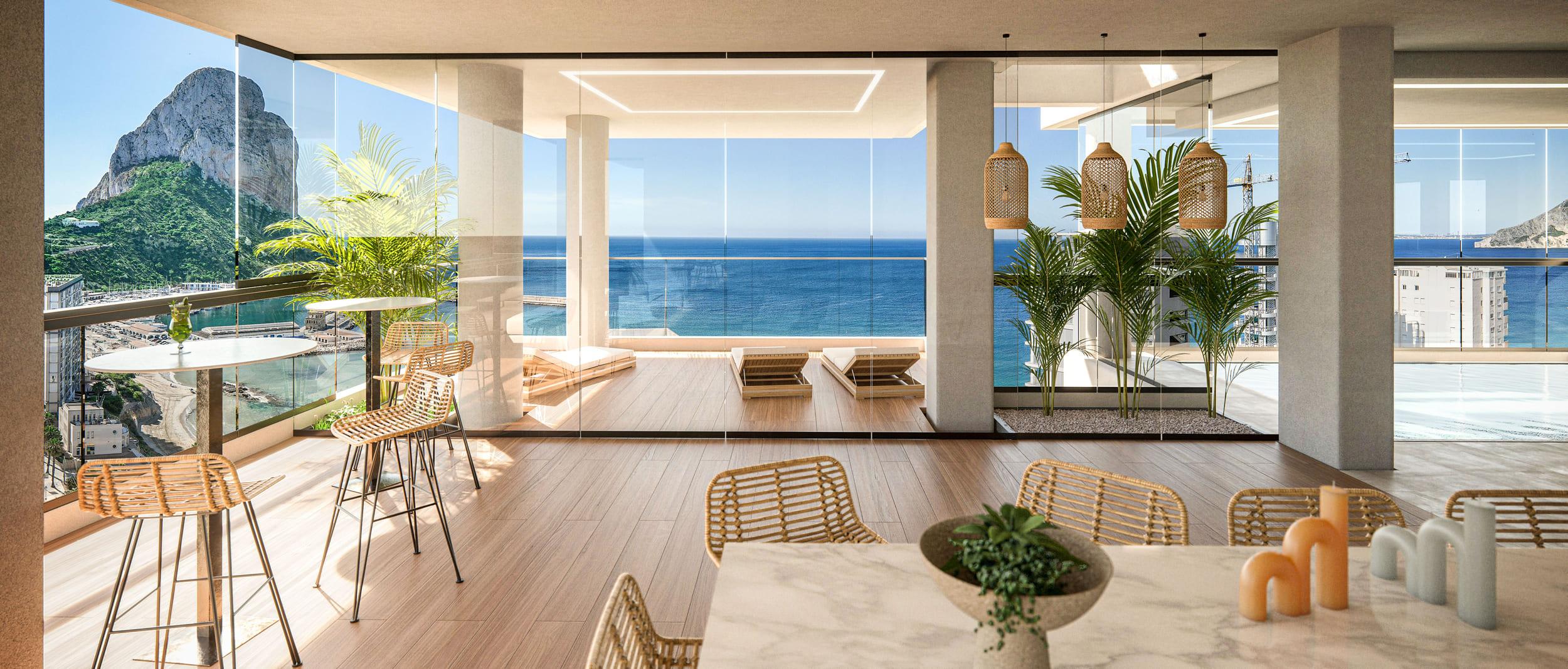 Open-plan interior of 2-bedroom apartment in Ifach, Calpe
