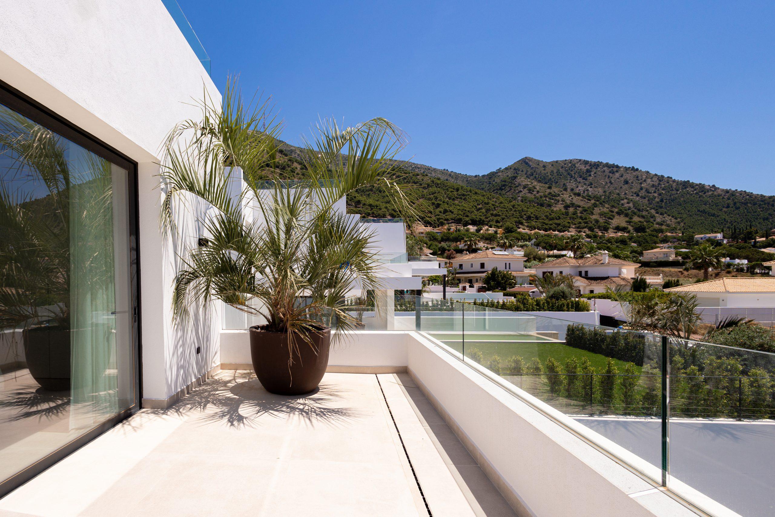 Front facade of new-build villa in Mijas Pueblo, Mijas