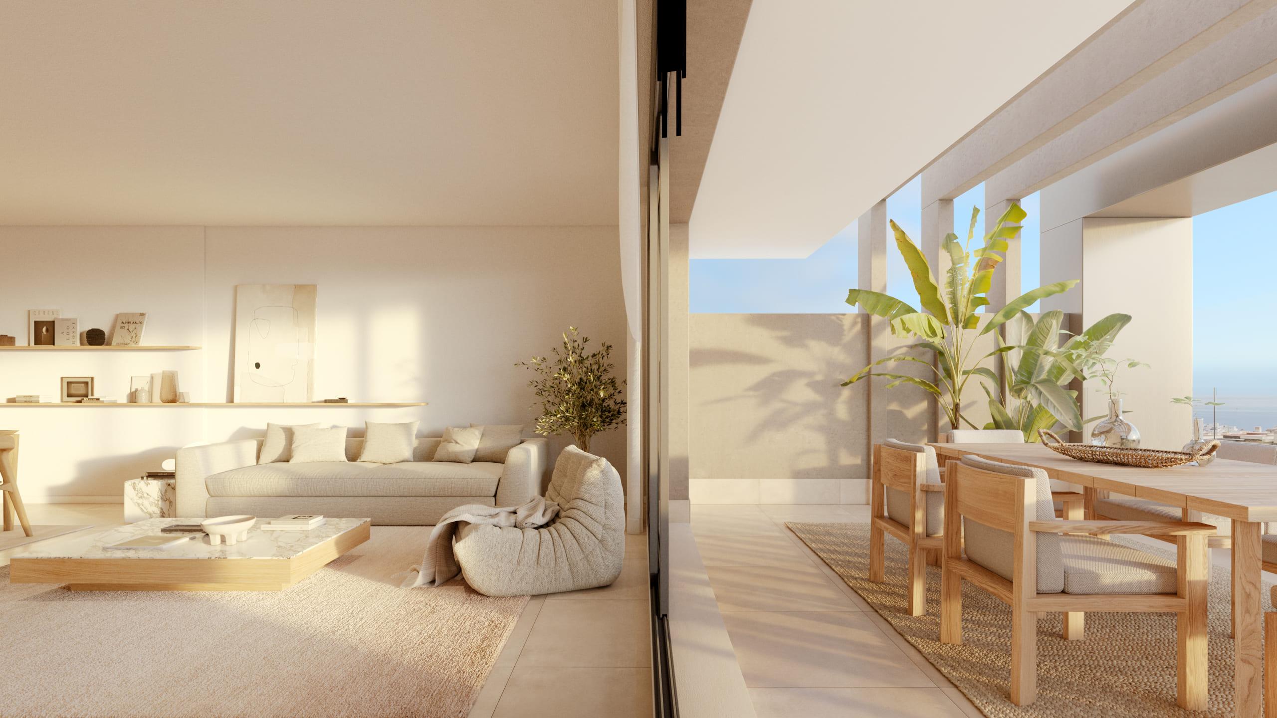Living area in 3-bedroom new-build apartment, Las Mesas, Estepona