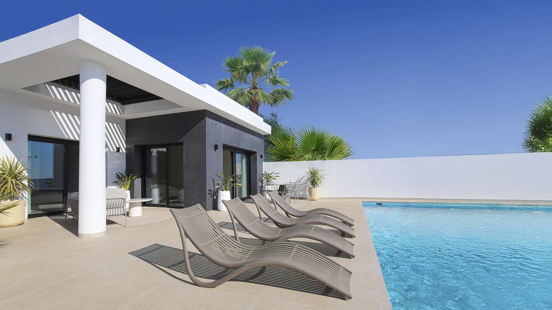 View from upper floor across pool and plot, new-build villa, Rojales