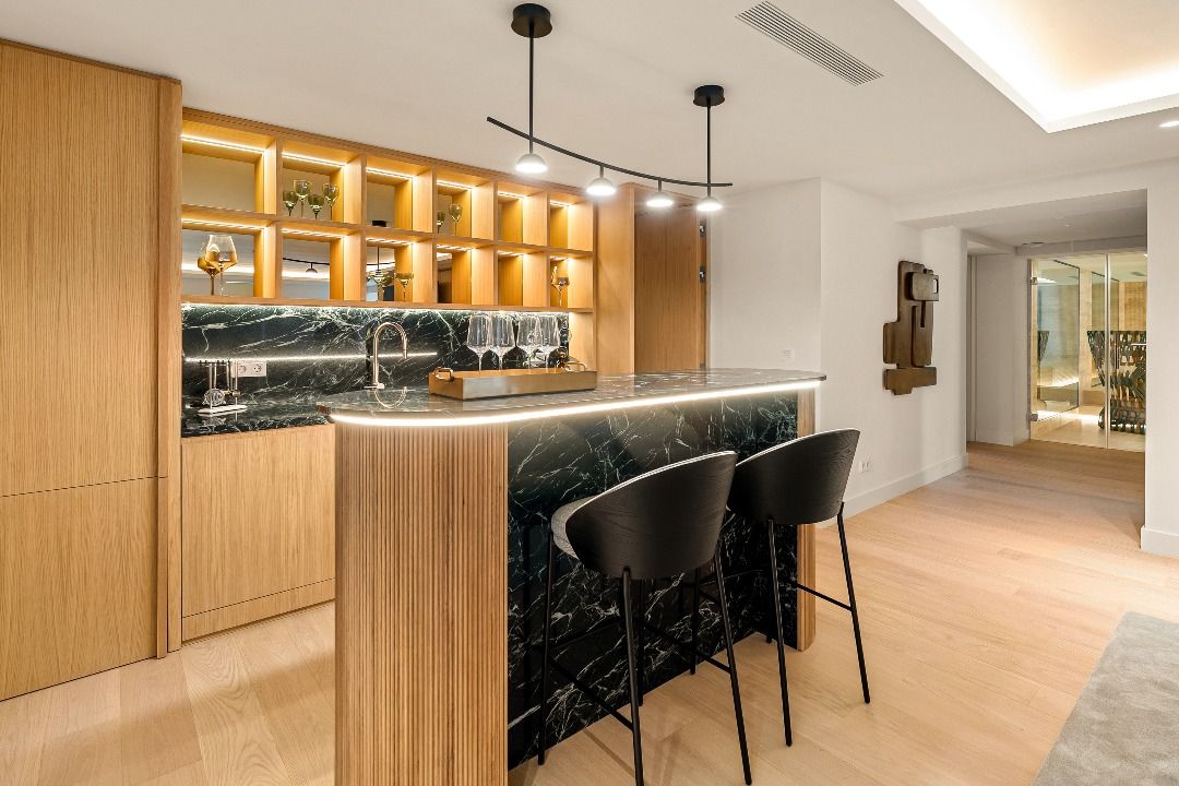 Dining area with large windows overlooking terrace, new-build villa in Aloha